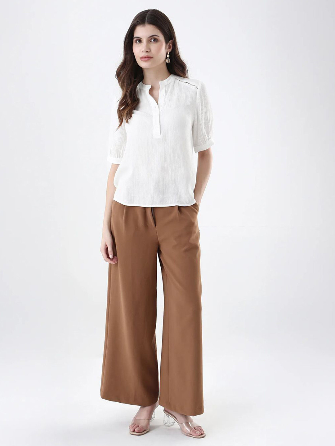 RAREISM Elane Women Mandarin Collar Cuffed Sleeves Cotton Regular Top