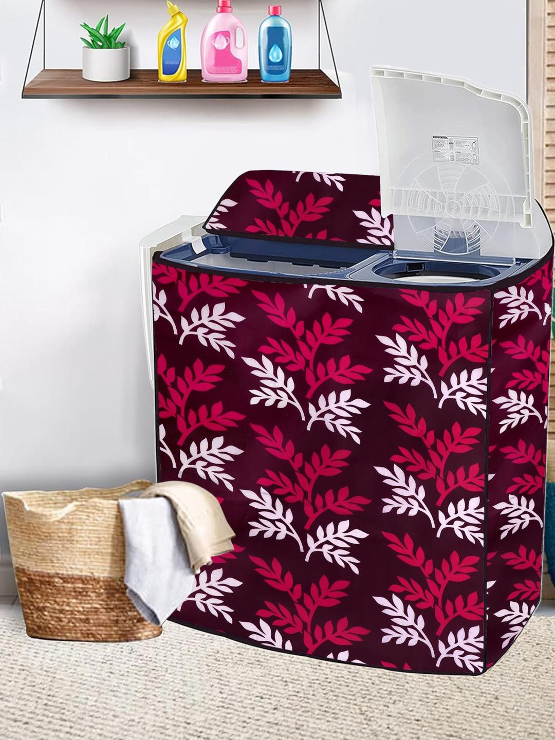 MOGNE FAB Maroon & White Leaf Printed Semi Automatic Washing Machine Cover