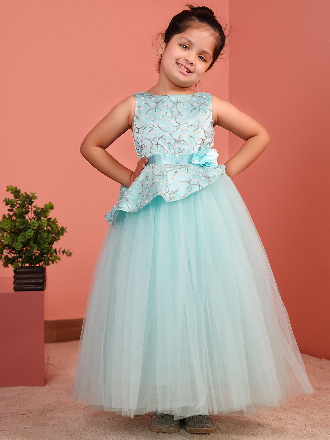 Toy Balloon kids Girls Embroidered Sleeveless Tulle Net Fit & Flare Maxi Dress