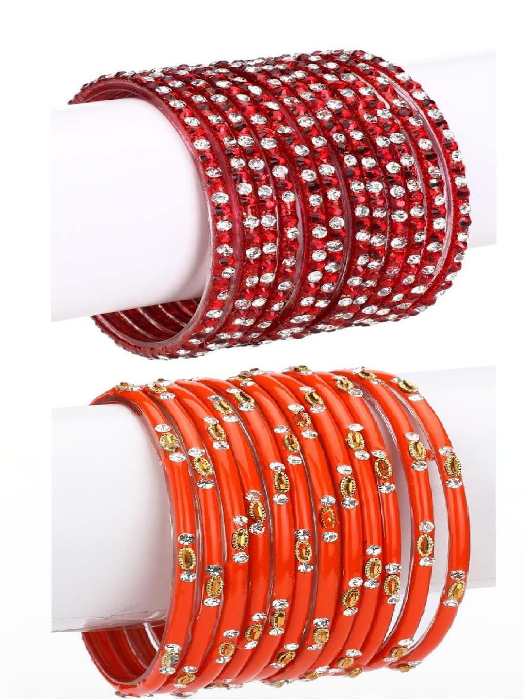 SOMIL Alloy  Set Of 2 Stone-Studded & Beaded Glossy Finished Glass Bangle Set
