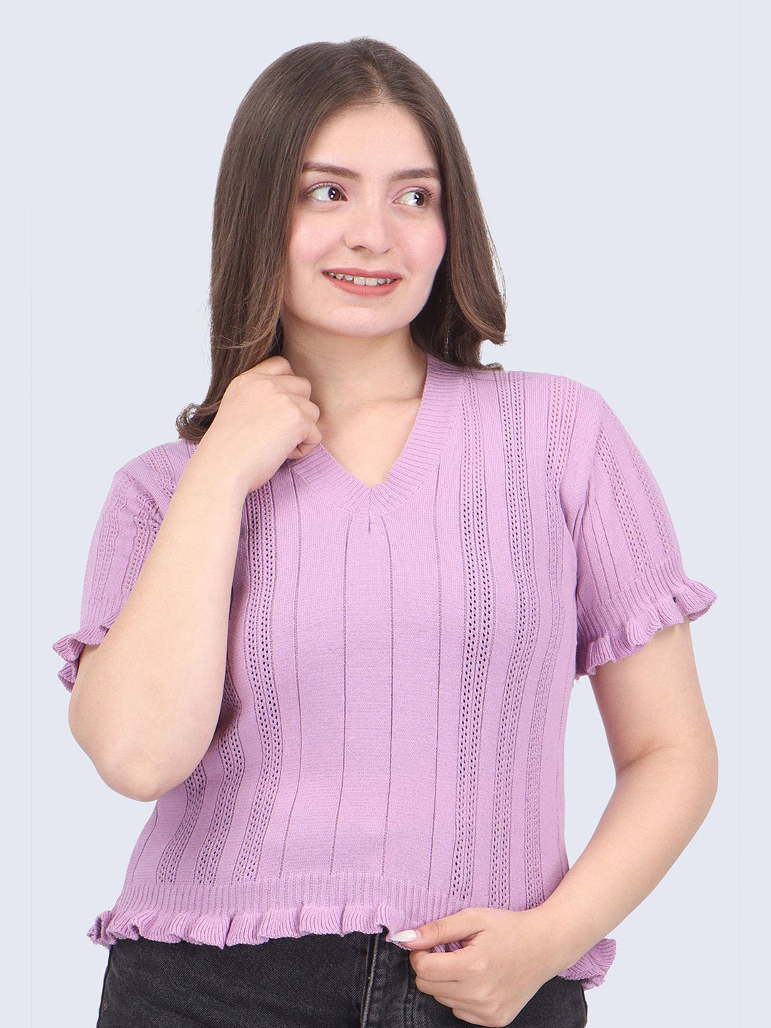 FEVERFEW Striped Self Design V-Neck Short Sleeves Cotton Top
