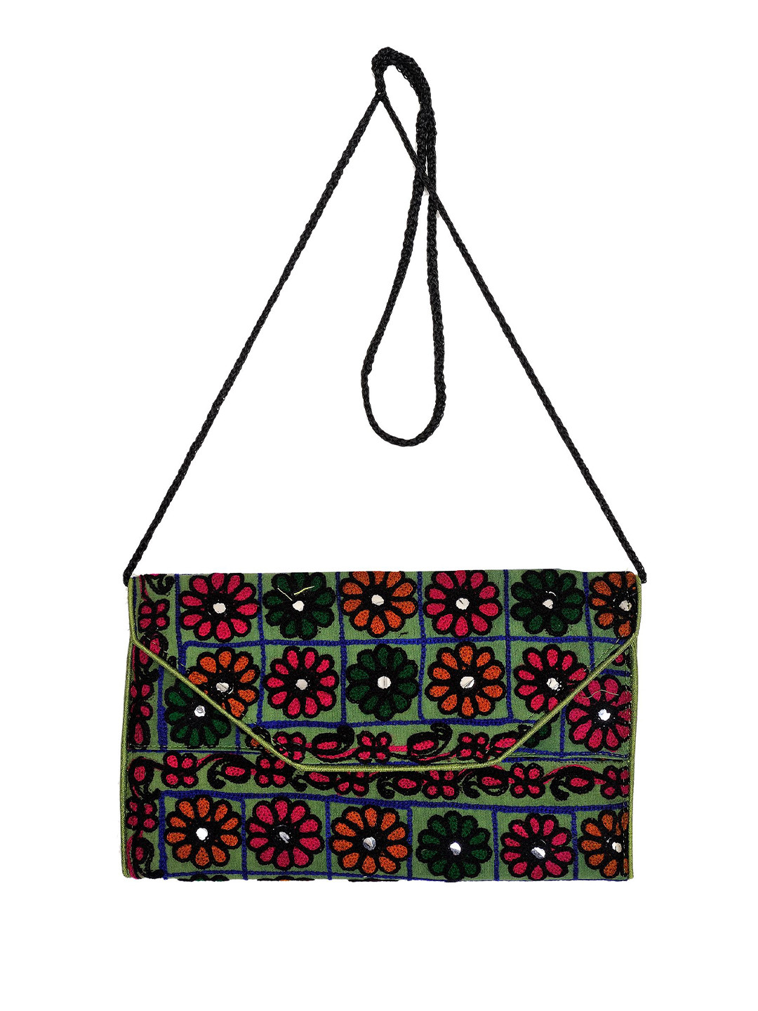 Exotic India Floral Crewel Embroidered Mirror Work Pure Cotton Purse Clutch