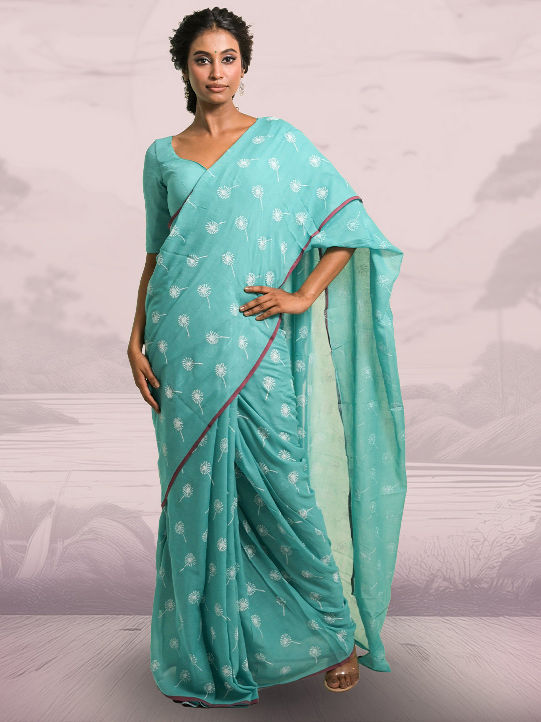 HUTS AND LOOMS Dandelion Motifs Block Printed Mul Cotton Saree