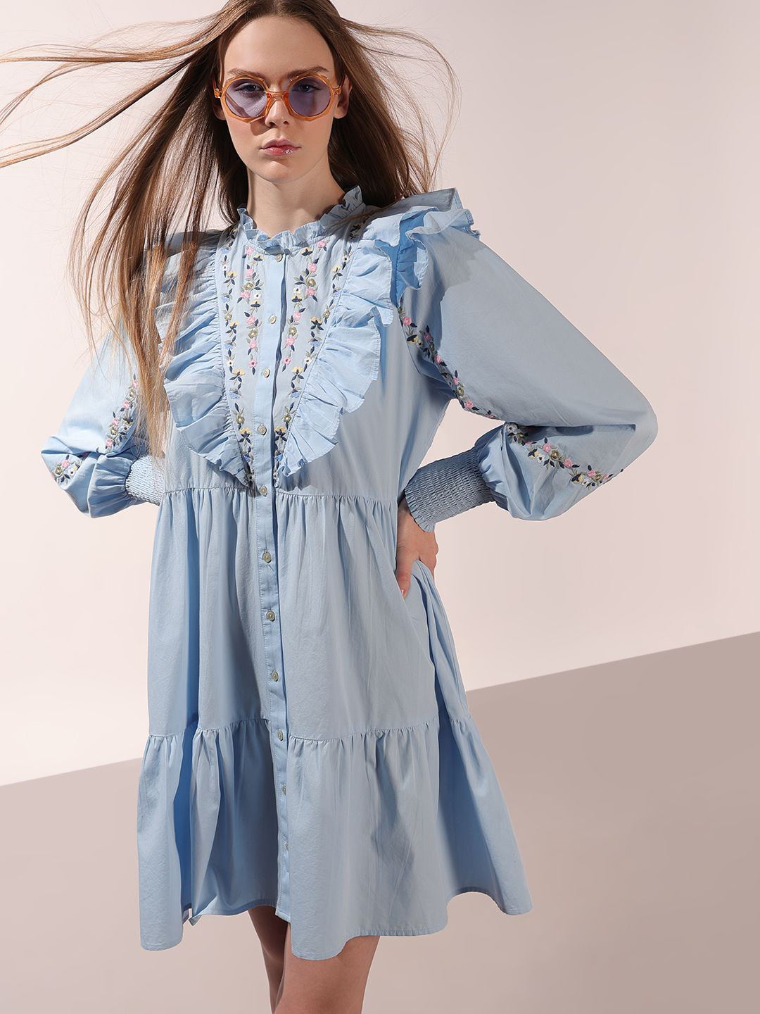 Vero Moda Embroidered Bell Sleeves Pure Cotton Fit & Flare Mini Dress