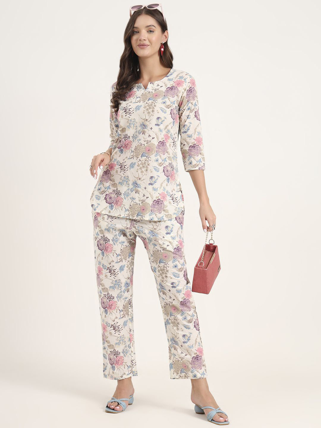 Divena Floral Printed Cotton Tunic With Trouser Co-Ords