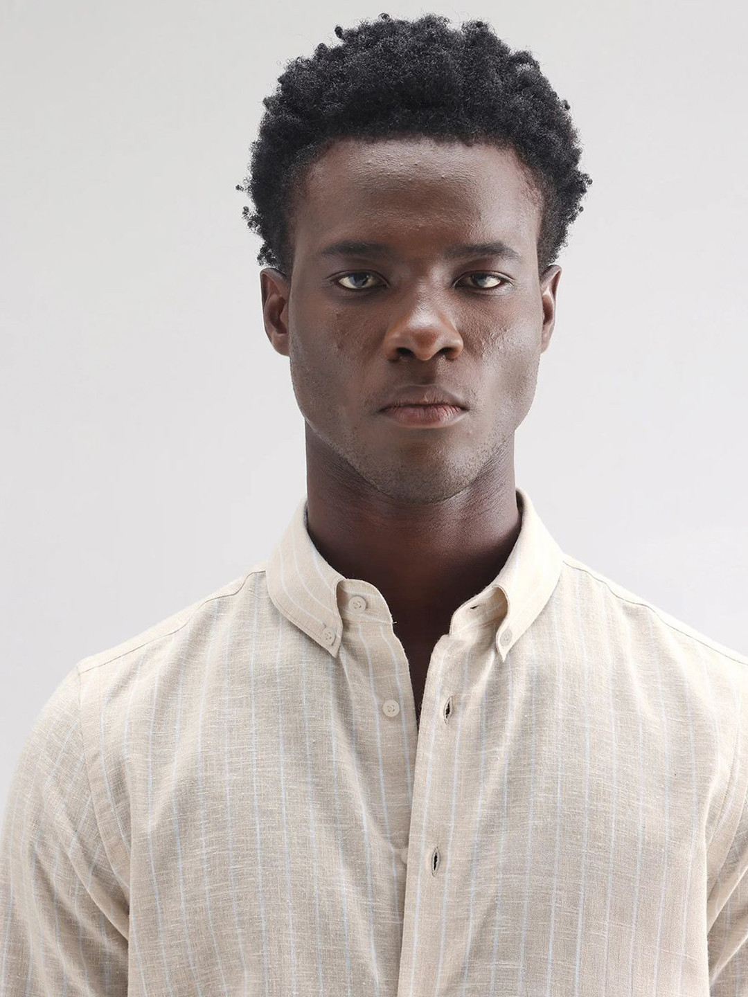 RARE RABBIT Vertical Striped Spread Collar Comfort Linen Shirt