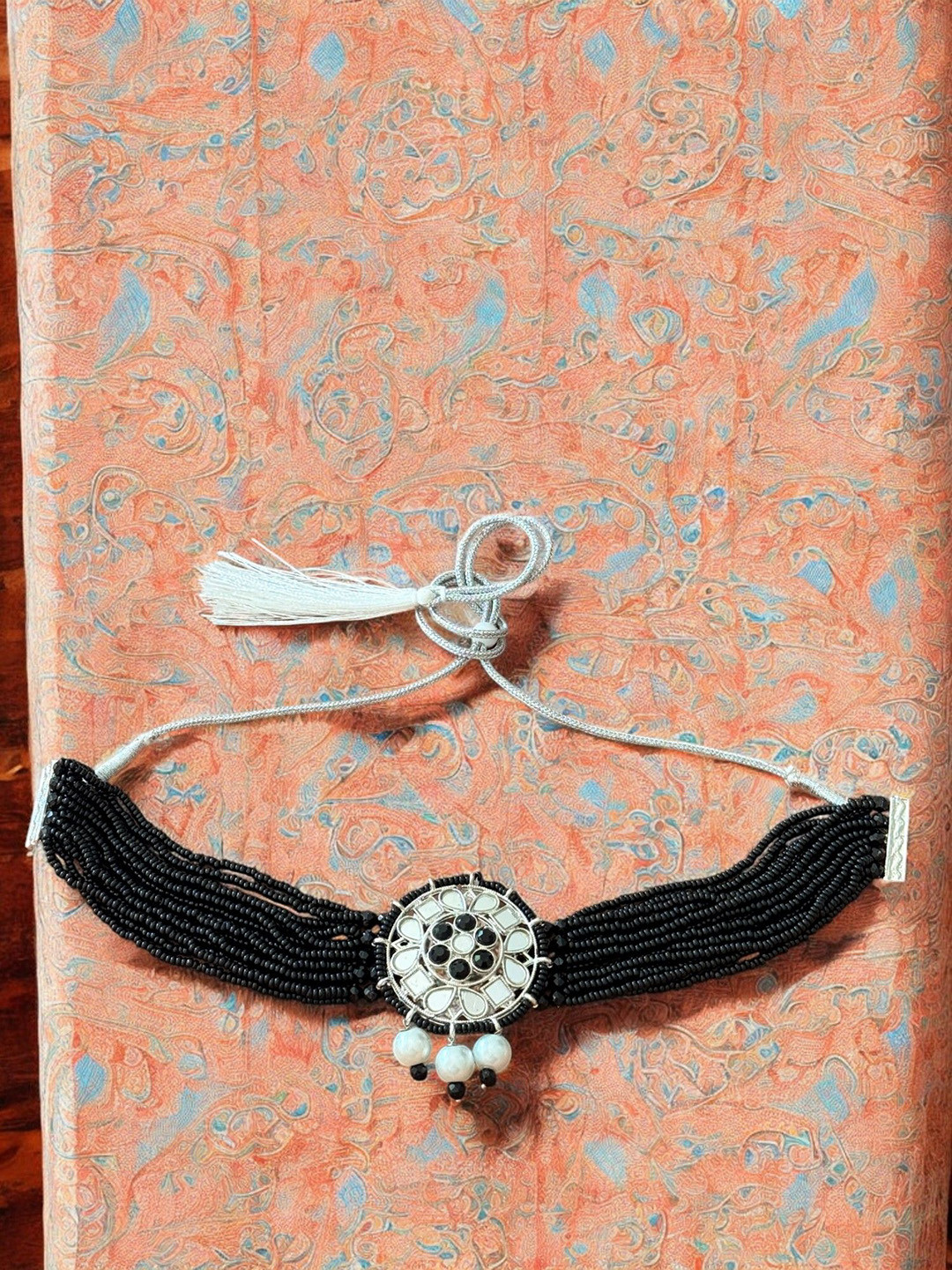 Rebekah Boho Noir Choker Pearls Beaded Mirror Necklace And Earrings