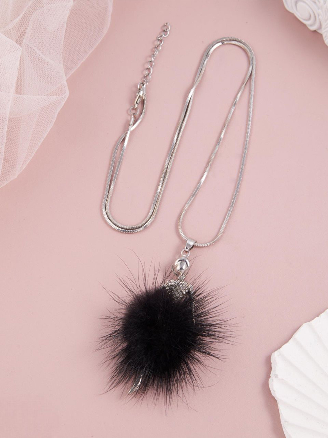 GC PREMIUM JEWELLERY Stainless Steel Fluffy Black Fur Pom-Pom Minimal Necklace