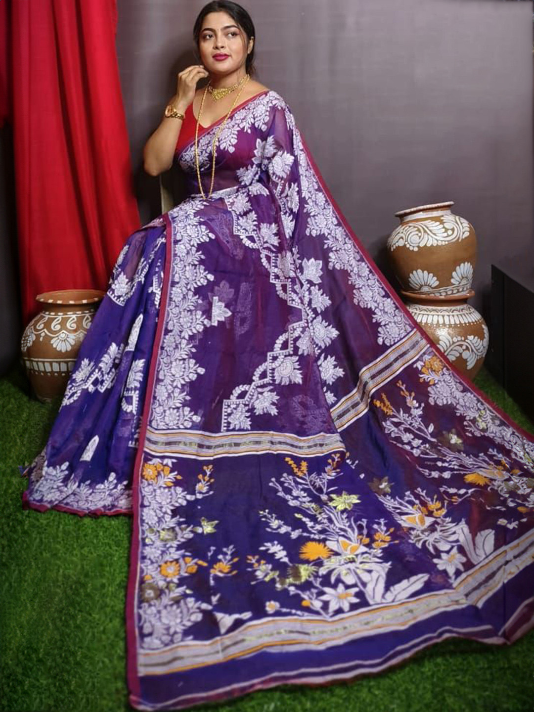 TITHI SAREES Mina Ethnic Motifs Pure Cotton Jamdani Saree