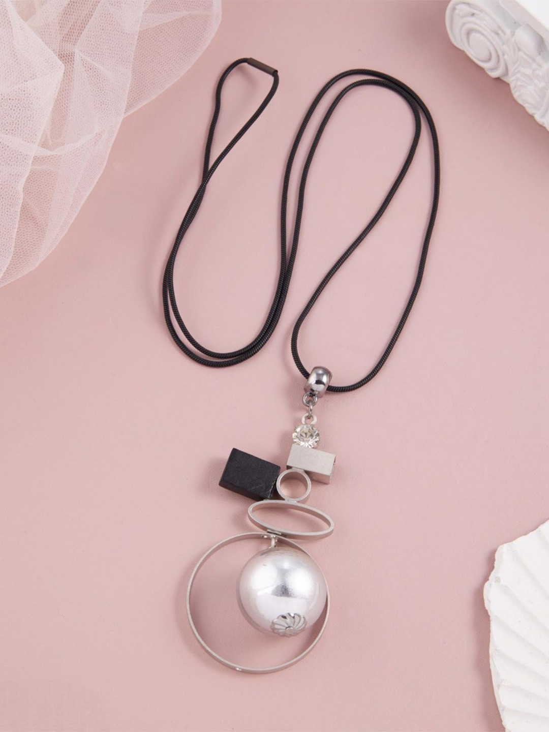 GC PREMIUM JEWELLERY Stainless Steel Geometric Necklace With Silver Ball & Black Cord