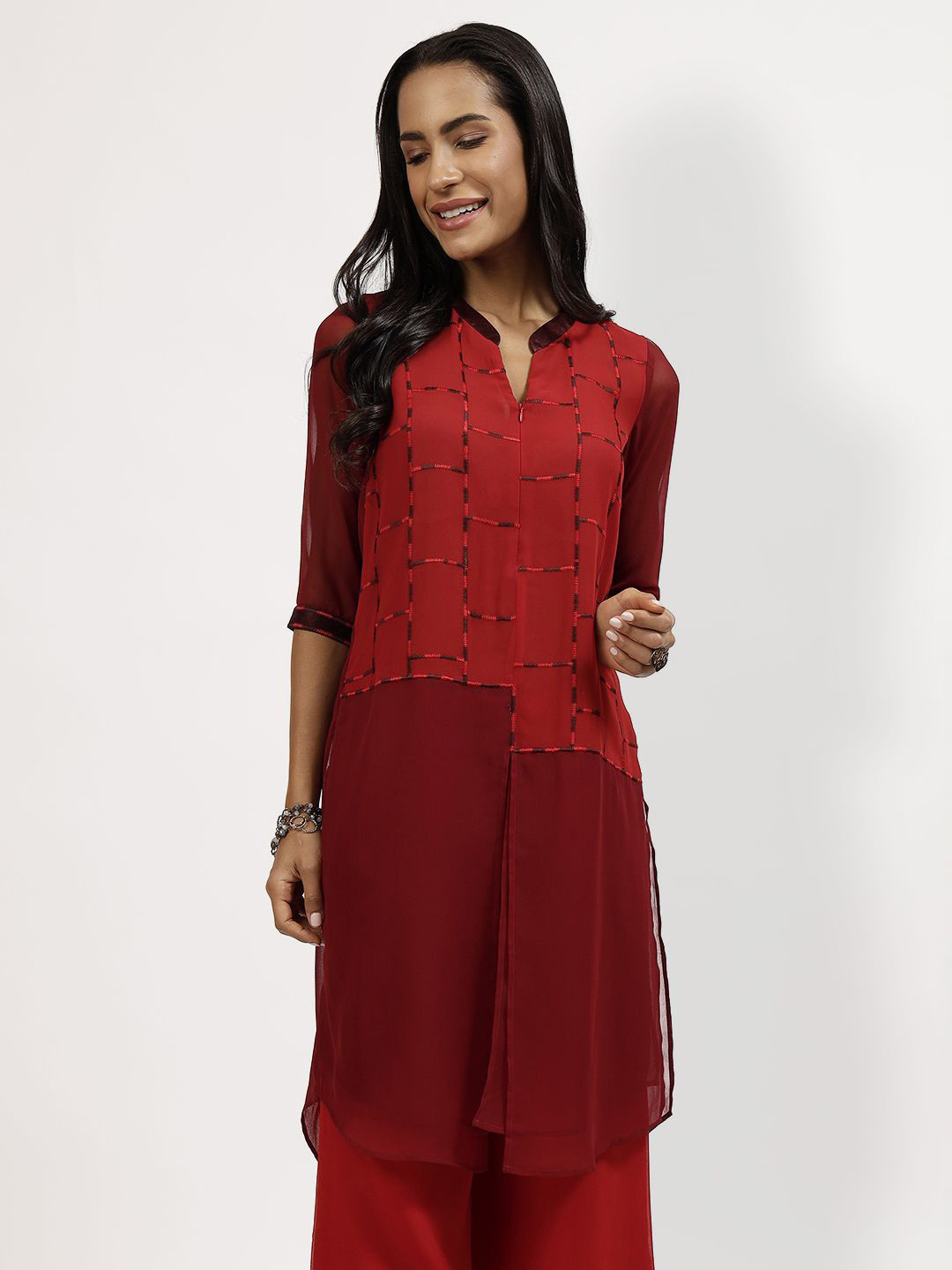 LELA Women Mandarin Collar Tunic With Patch Work At Front