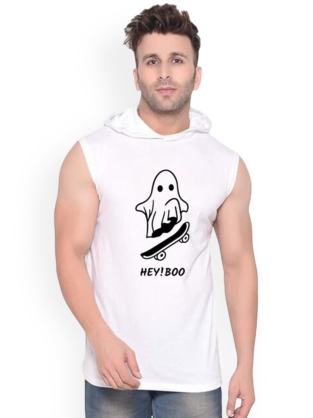 FABSTIEVE Cartoon Printed Sleeveless Hooded Cotton Gym Vest