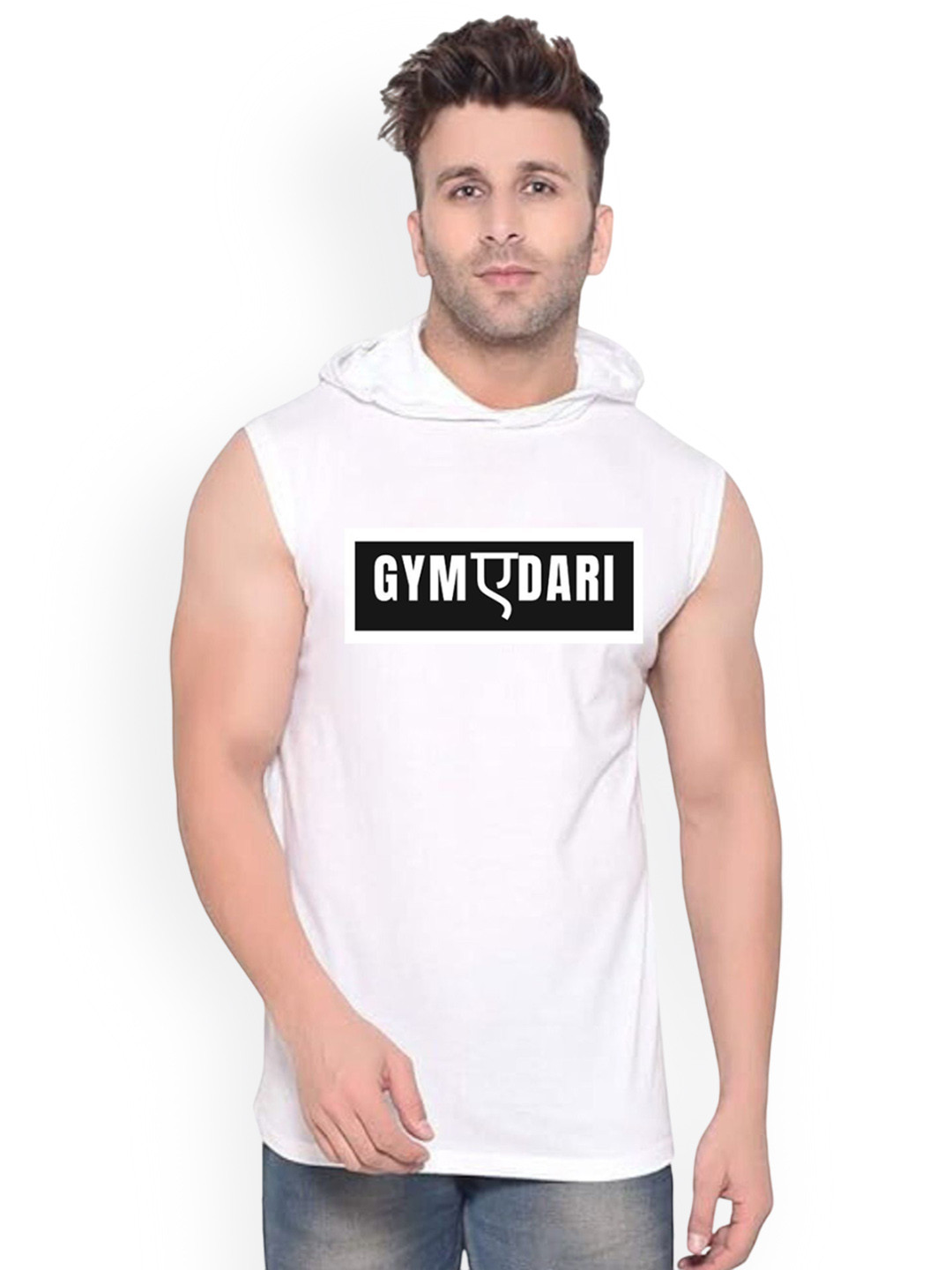 FABSTIEVE Gymedari Printed Hooded Sleeveless Cotton Gym Vest