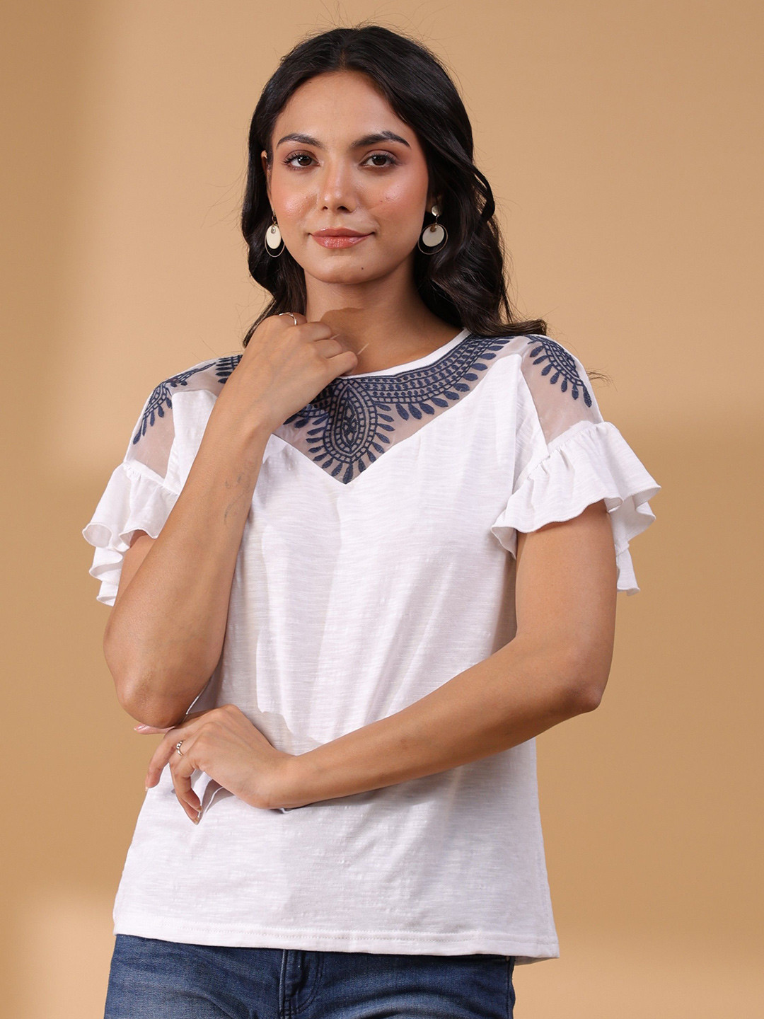STIL O STITCH Women Semi Sheer Embroidered Flutter Sleeve Regular Top