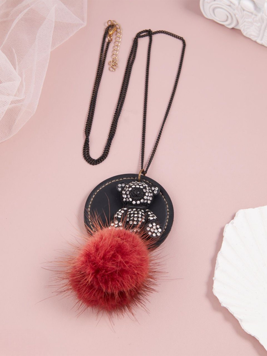 GC PREMIUM JEWELLERY Cubic Zirconia Studded Red Faux Fur Pom-Pom Charm Minimal Necklace