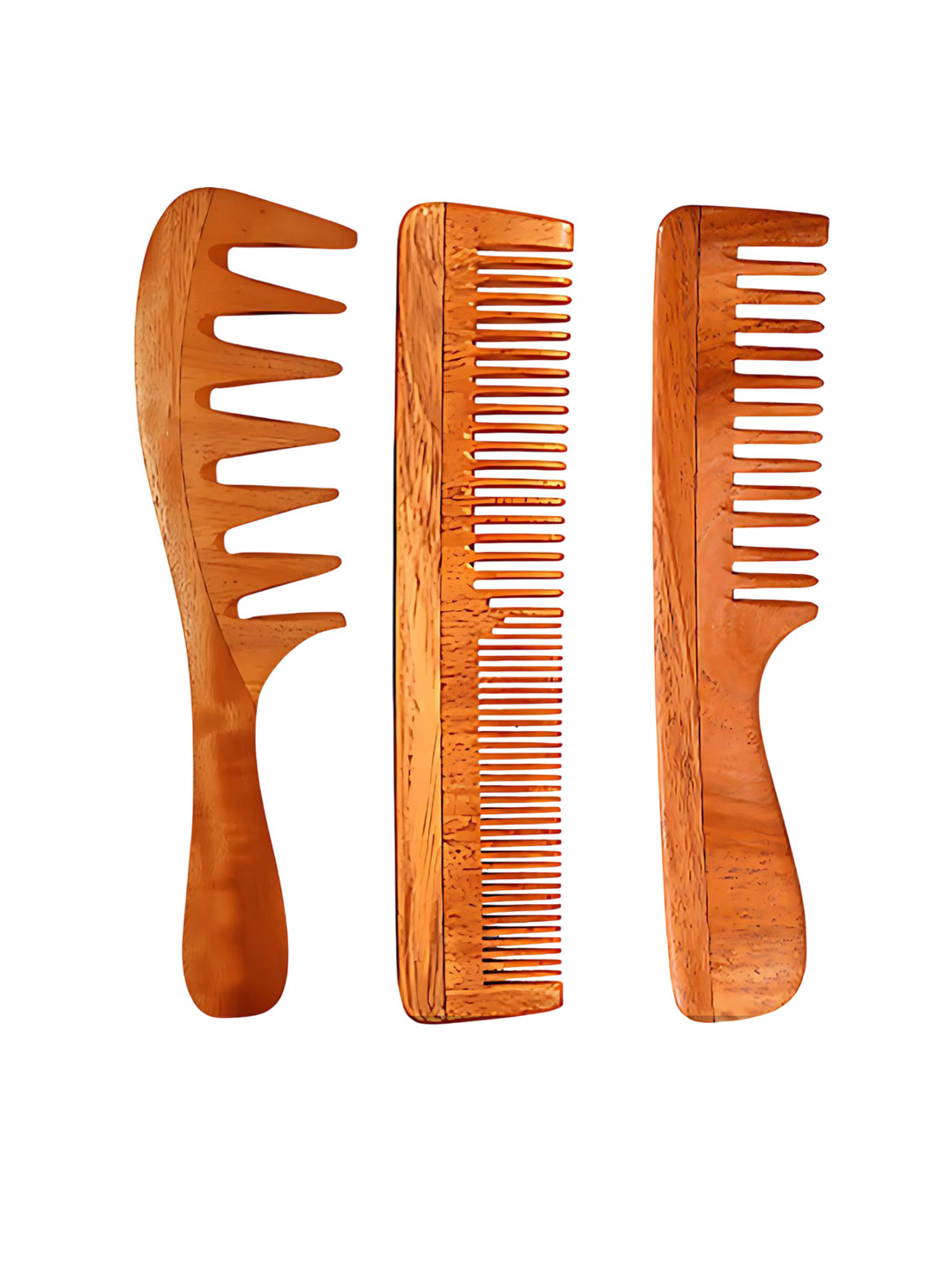 RUFIYS Set Of 3 Neem Wide Tooth Comb For Hair Growth & Dandruff Brown