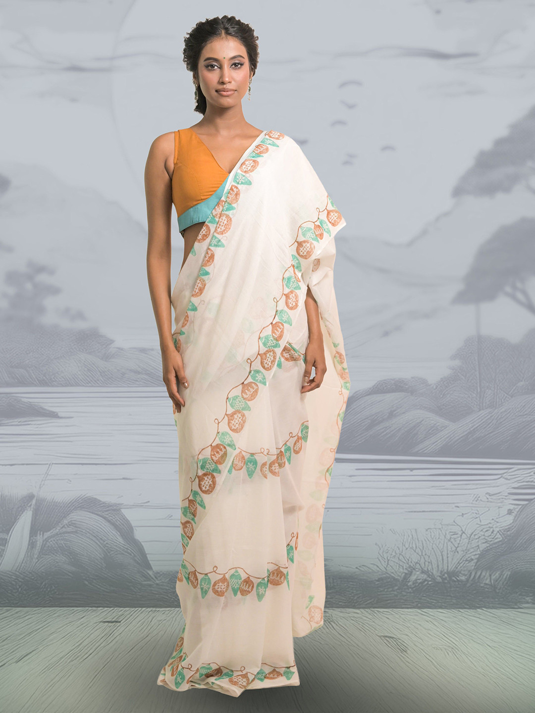 HUTS AND LOOMS Strings Of Lights Block Printed Mul Cotton Saree