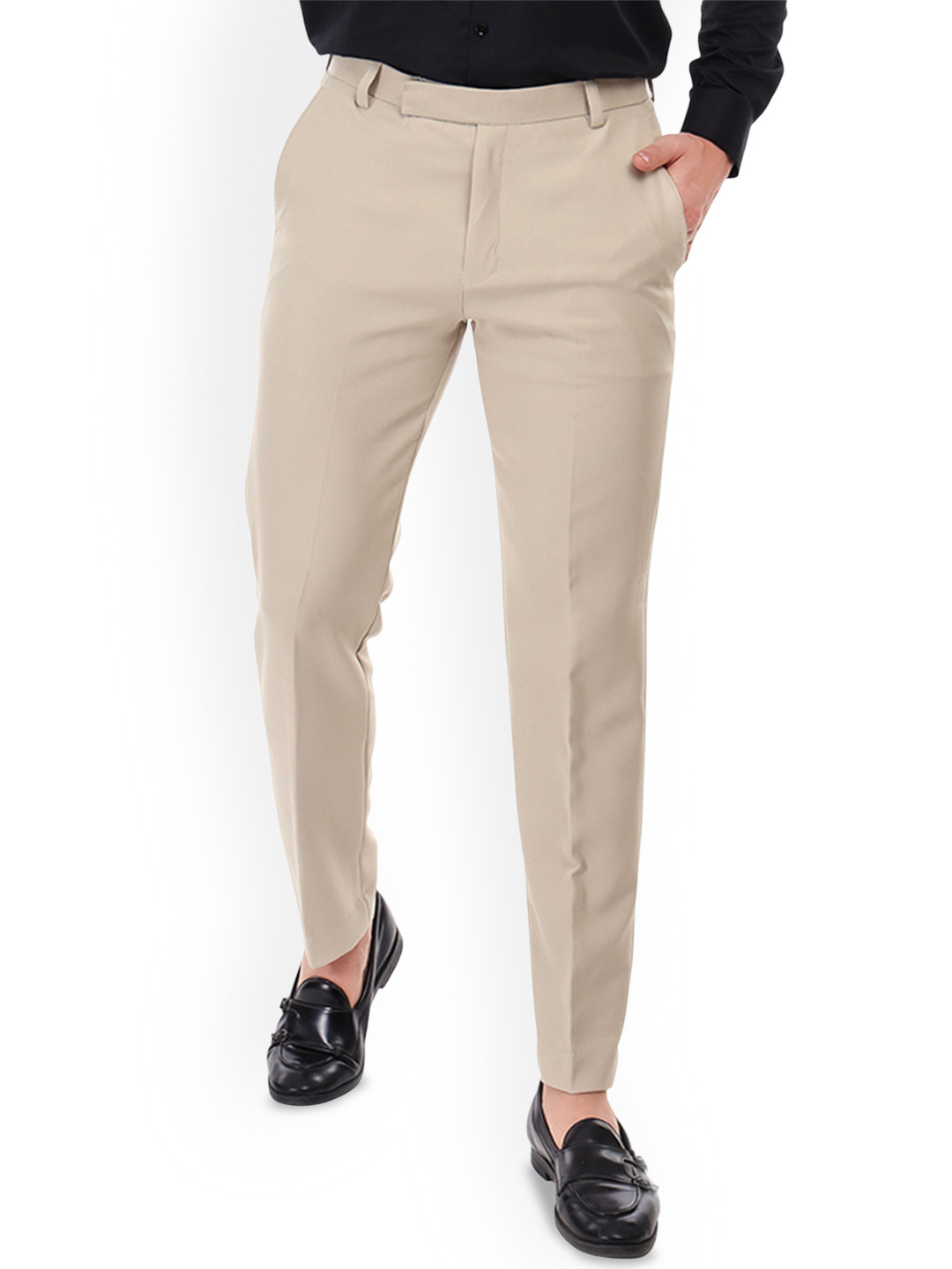 THE TURQUOISE TURTLE Men Cream Regular Fit Formal Trousers