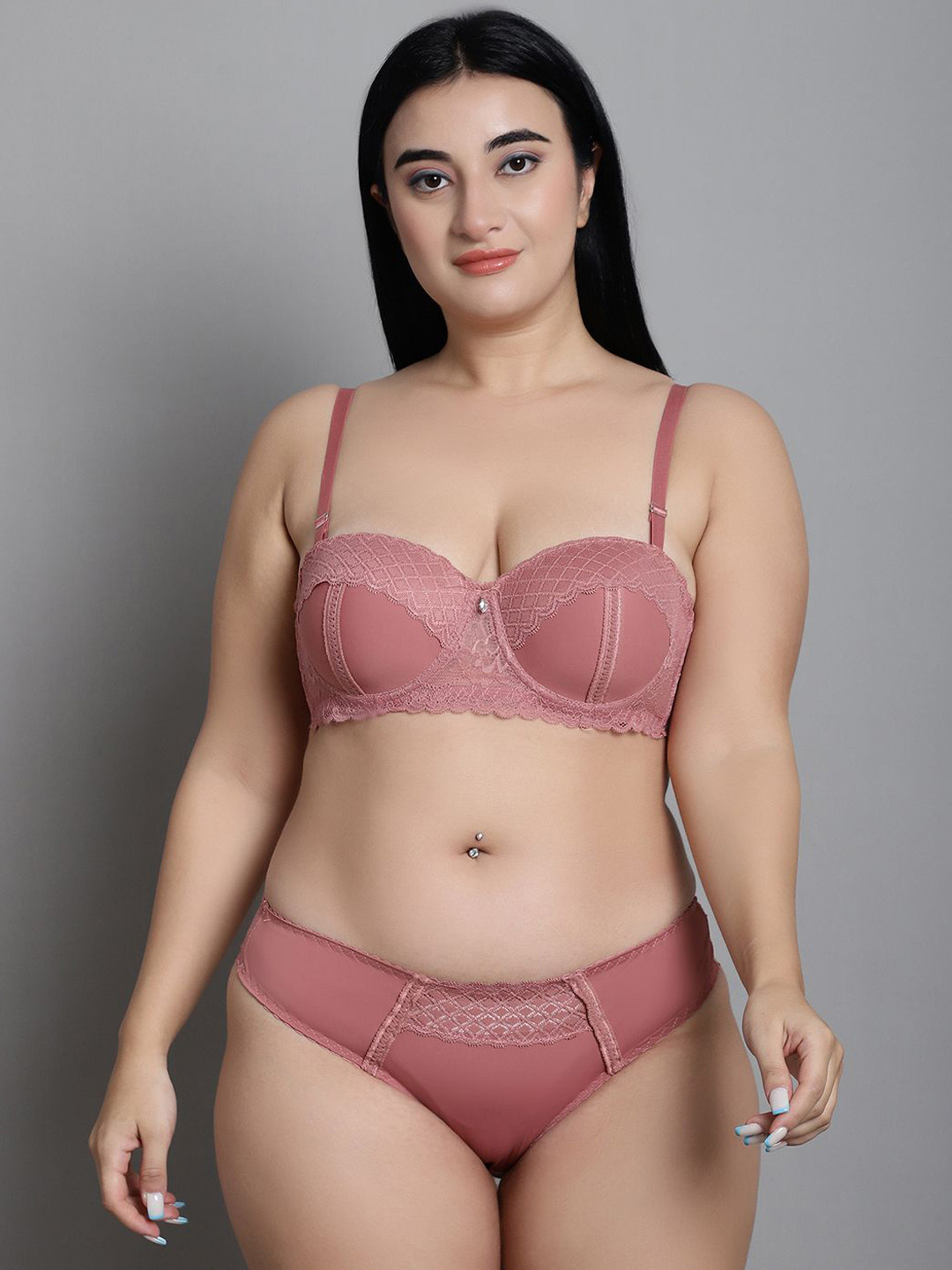 MAKCLAN Women Plus Size Solid Non-Padded Balconette Lingerie Set