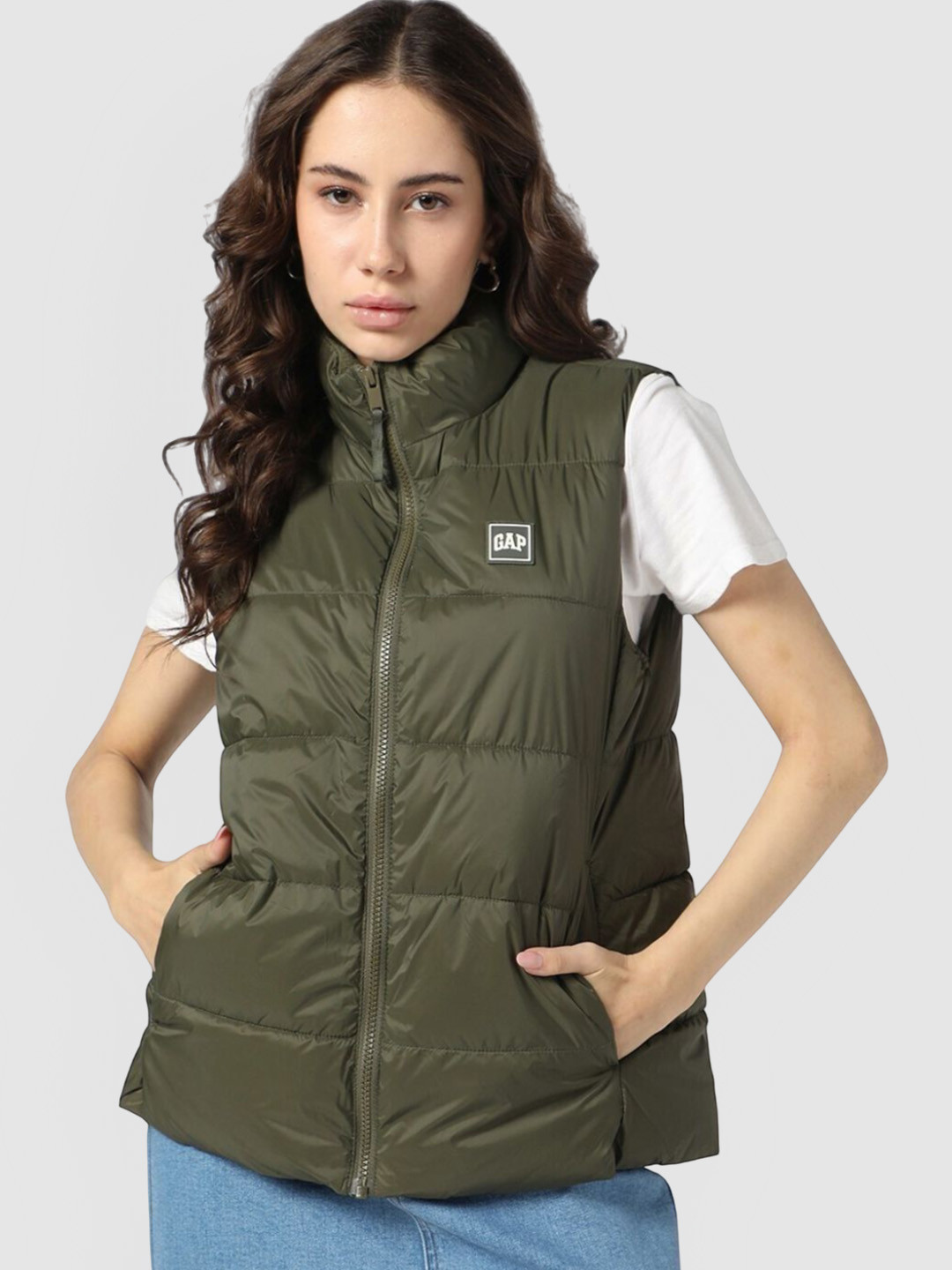 GAP Women Mock Collar Solid Casual Puffer Jacket
