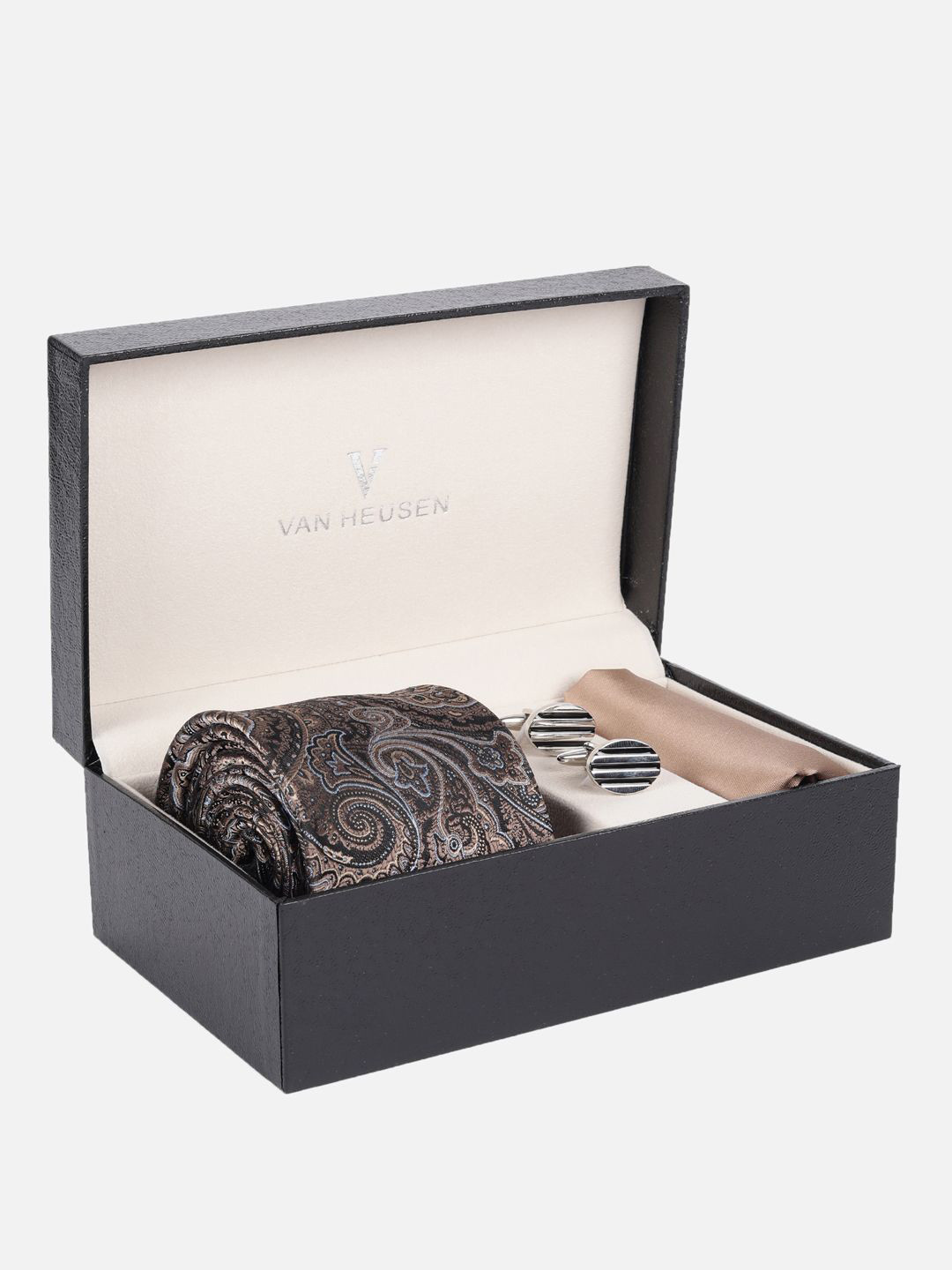 Van Heusen Men Accessory Gift Set of Brown Party Tie Pocket Square And Cufflink