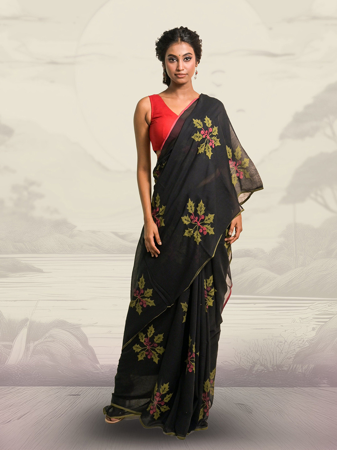 HUTS AND LOOMS Holly Leaf Motifs Block Printed Mul Cotton Saree