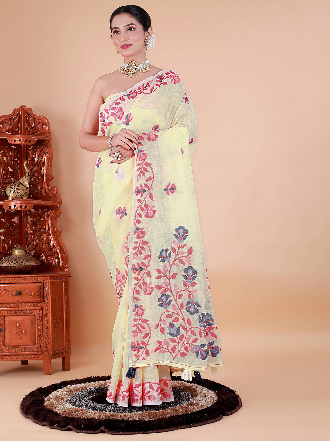 NEGRONI Floral Embroidery Pure Linen Bhagalpuri Saree