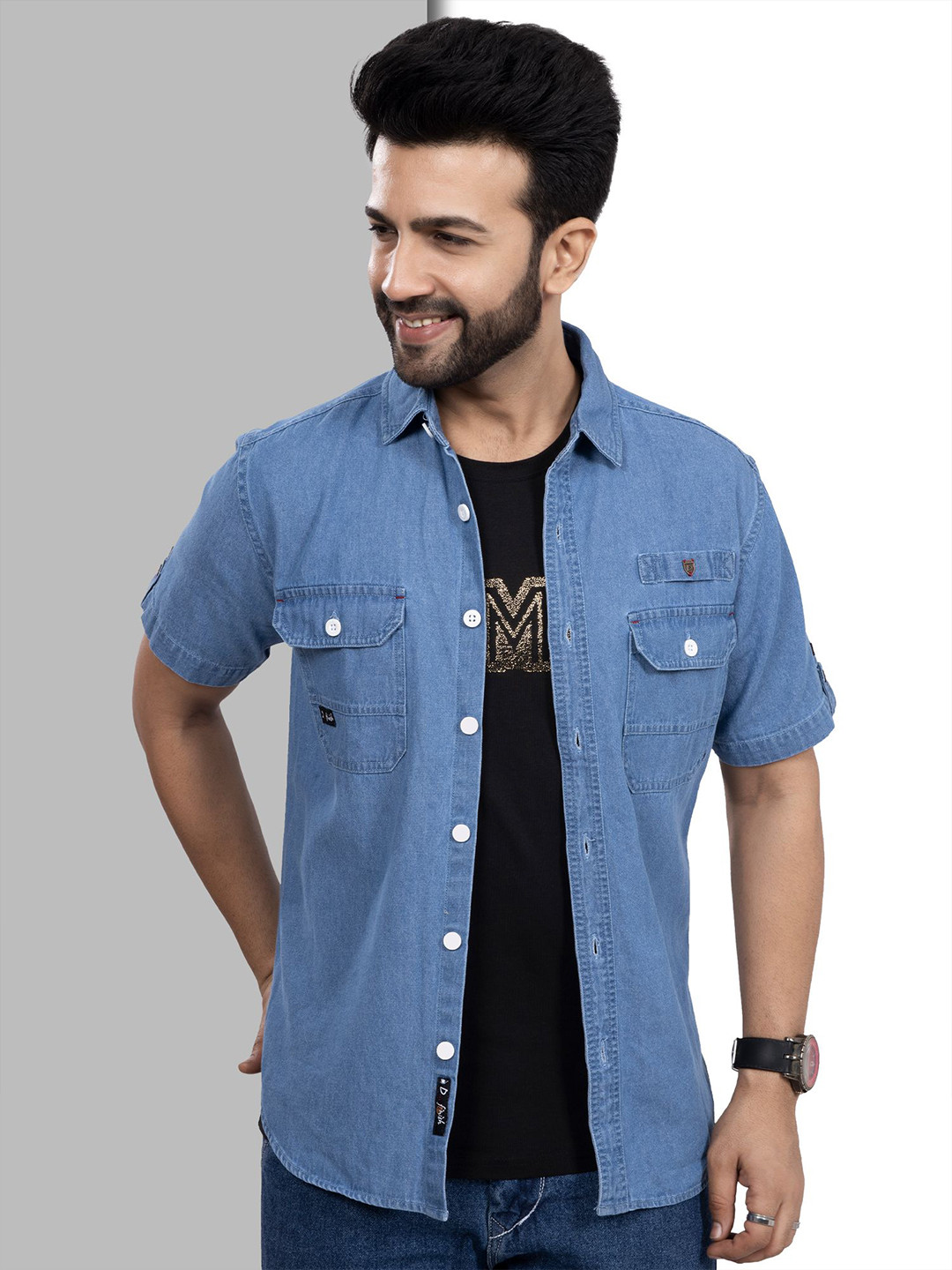 D Finish Smart Denim Double Pocket Half Sleeve Casual Shirt