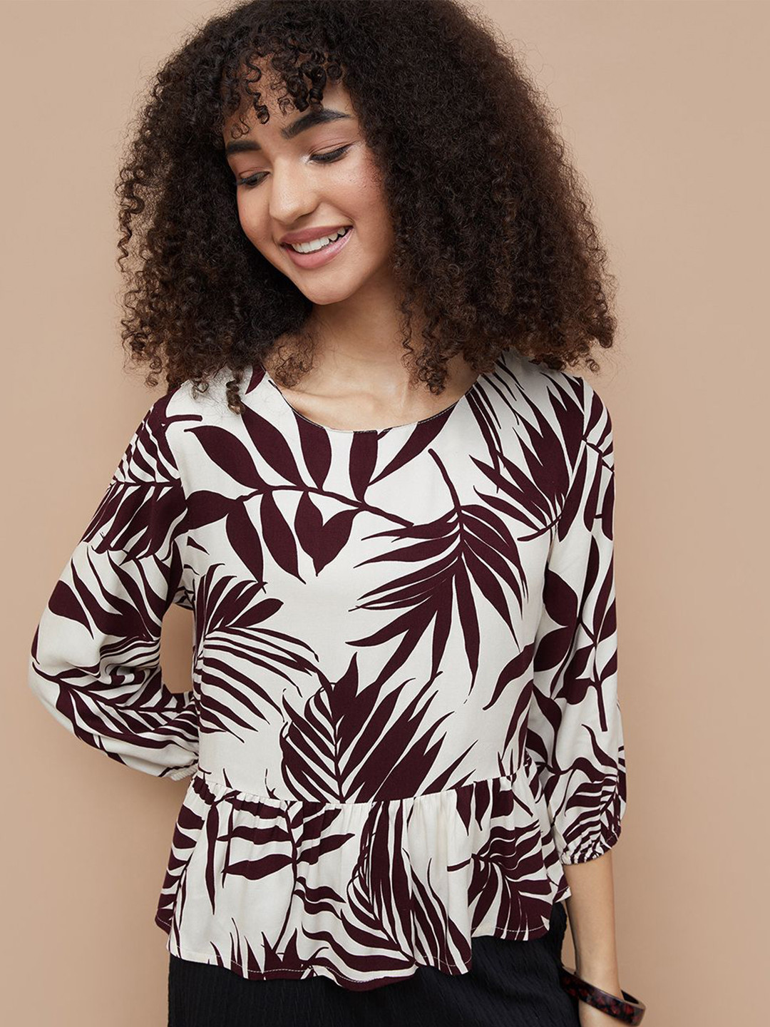 Fame Forever by Lifestyle Floral Printed Round Neck Three-Quarter Sleeves Top