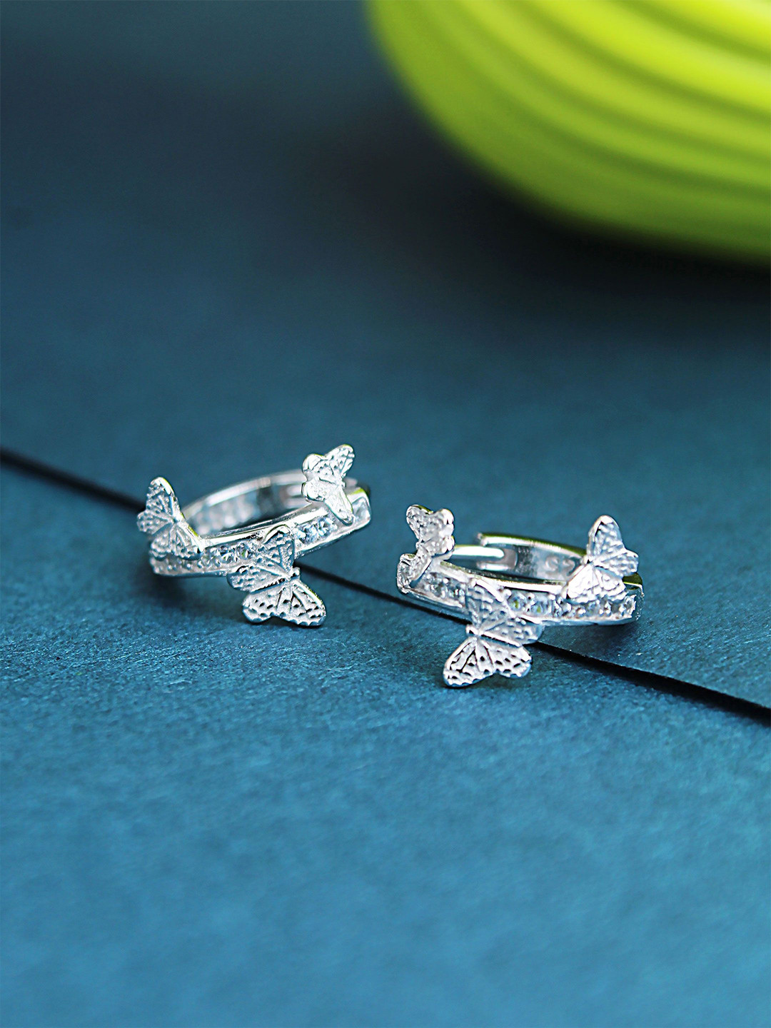 DEVASHREE Butterfly 925 Sterling Silver Rhodium-Plated Aqua CZ Studded Hoop Earrings