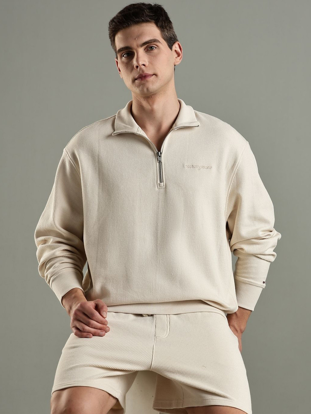 Tommy Hilfiger Men Self Design Shirt Collar Sweatshirt