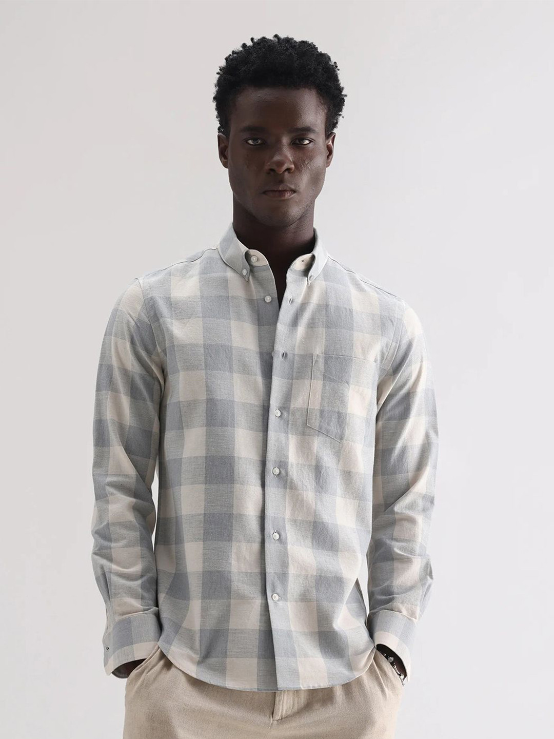 RARE RABBIT Men Comfort Fit Buffalo Checked Button-Down Collar Linen Casual Shirt