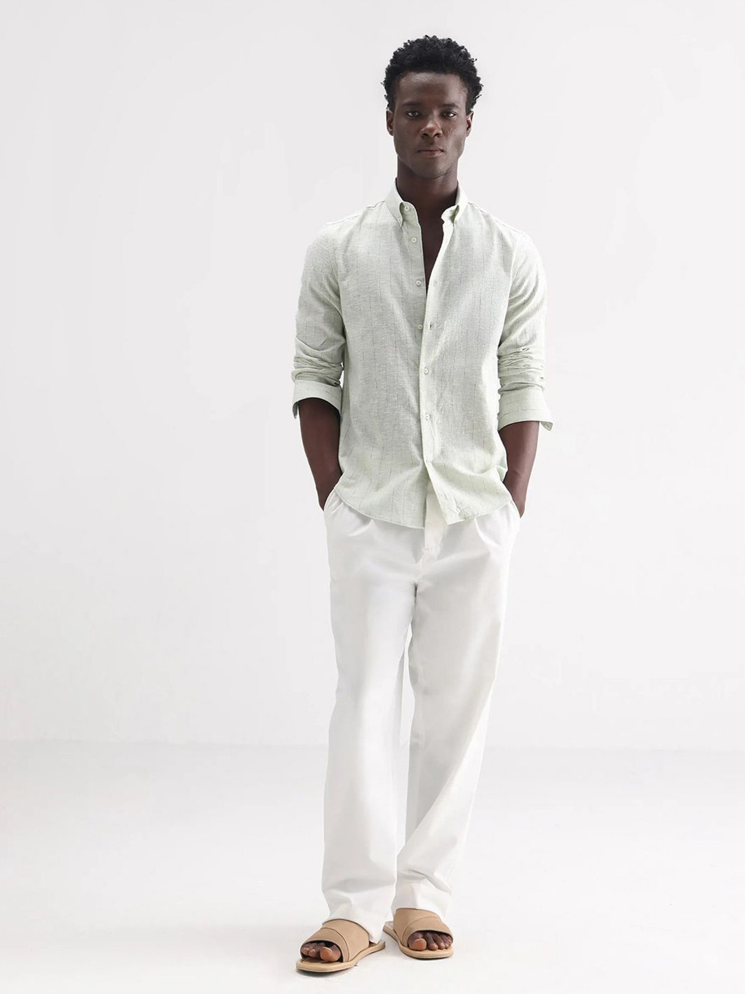 RARE RABBIT Vertical Striped Spread Collar Comfort Linen Shirt