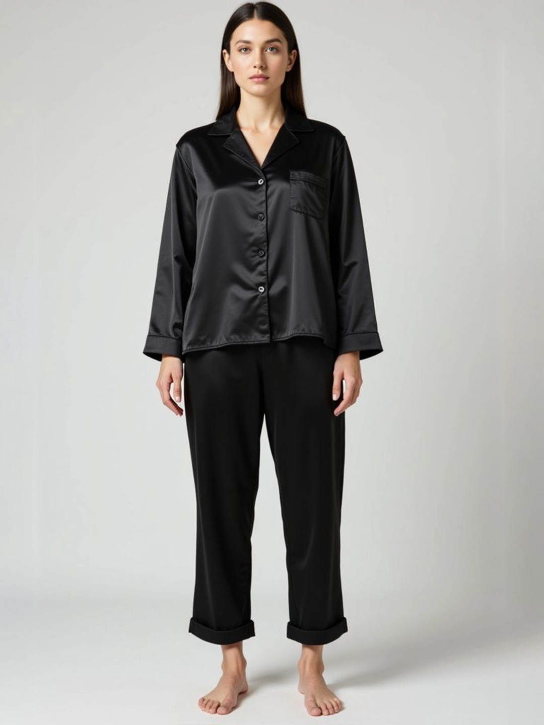 DEHMAN Women Lapel Collar Pure Silk Night Suit
