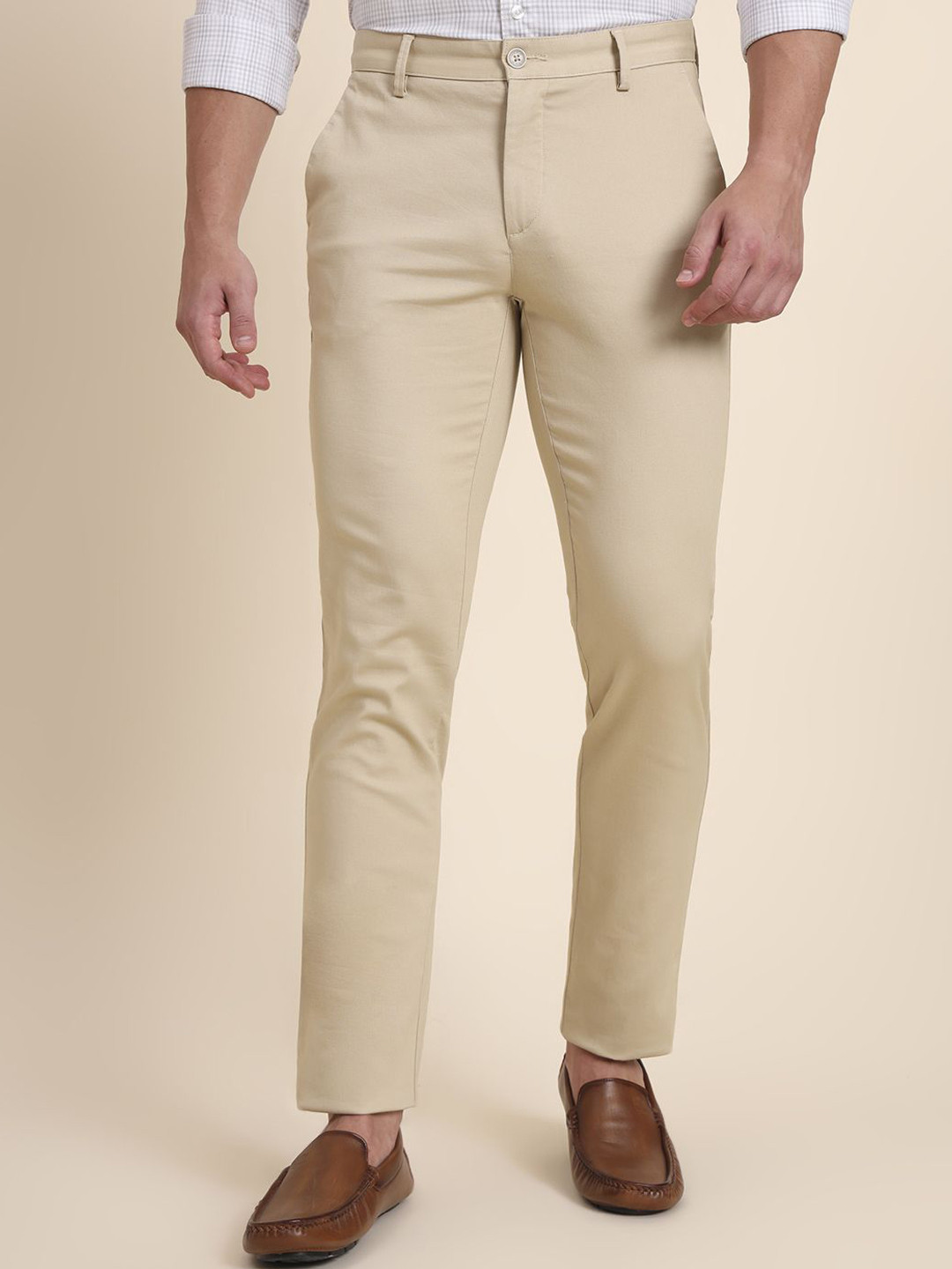 JADE BLUE Men Mid-Rise Flat-Front Slim Fit Cotton Trousers