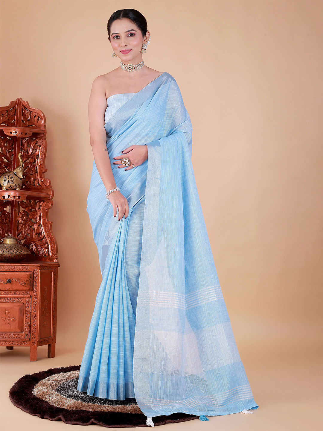 NEGRONI Plain Zari Pure Linen Saree
