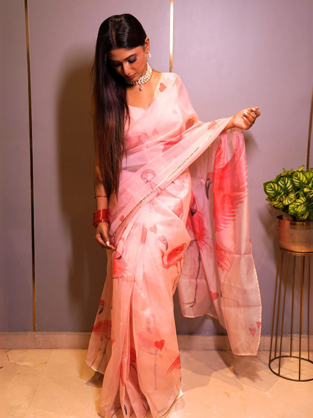LABEL KANUPRIYA Flamingo Print Gotta Patti Organza Saree
