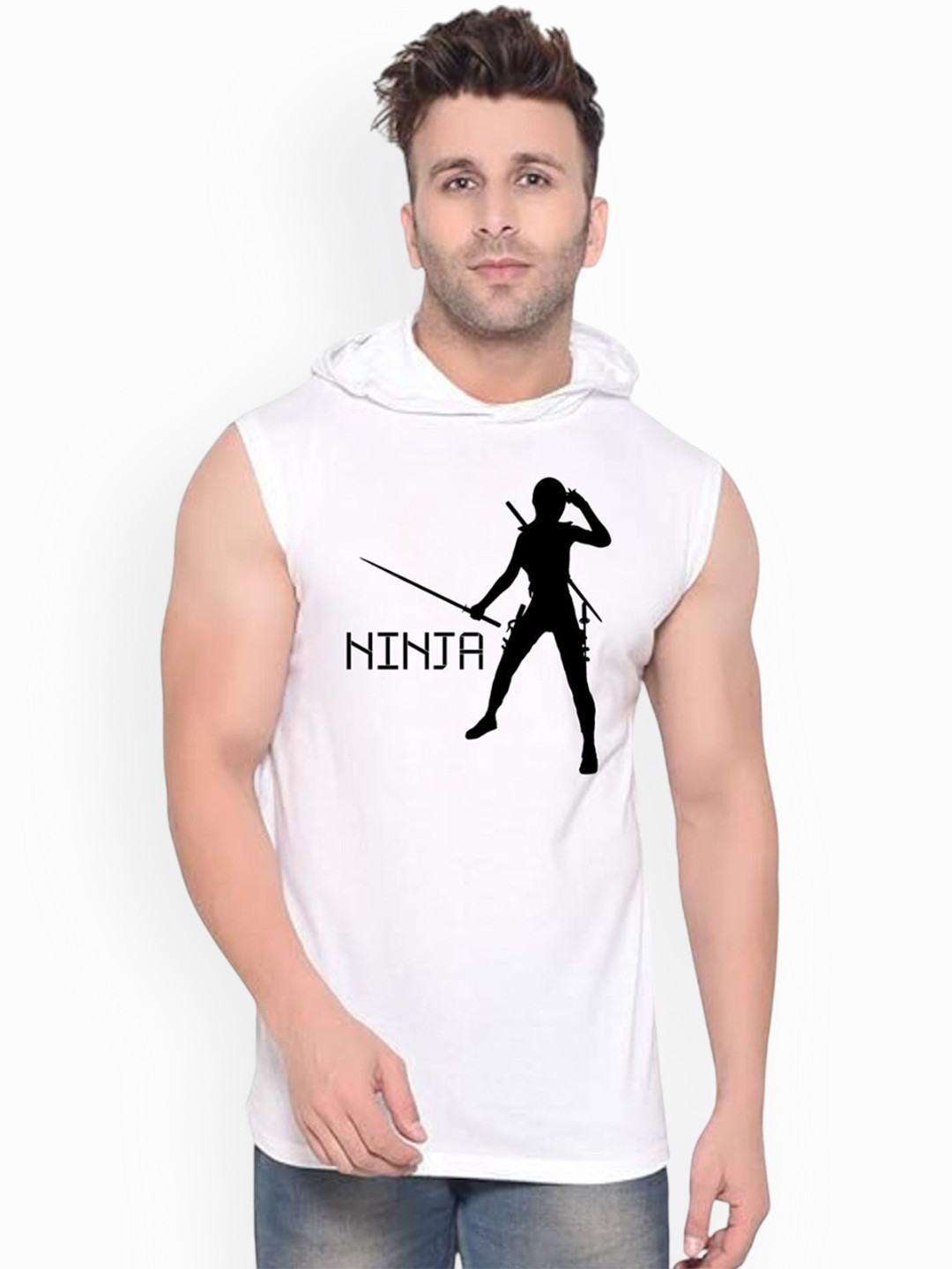 FABSTIEVE Ninja Printed Hooded Sleeveless Cotton Gym Vests