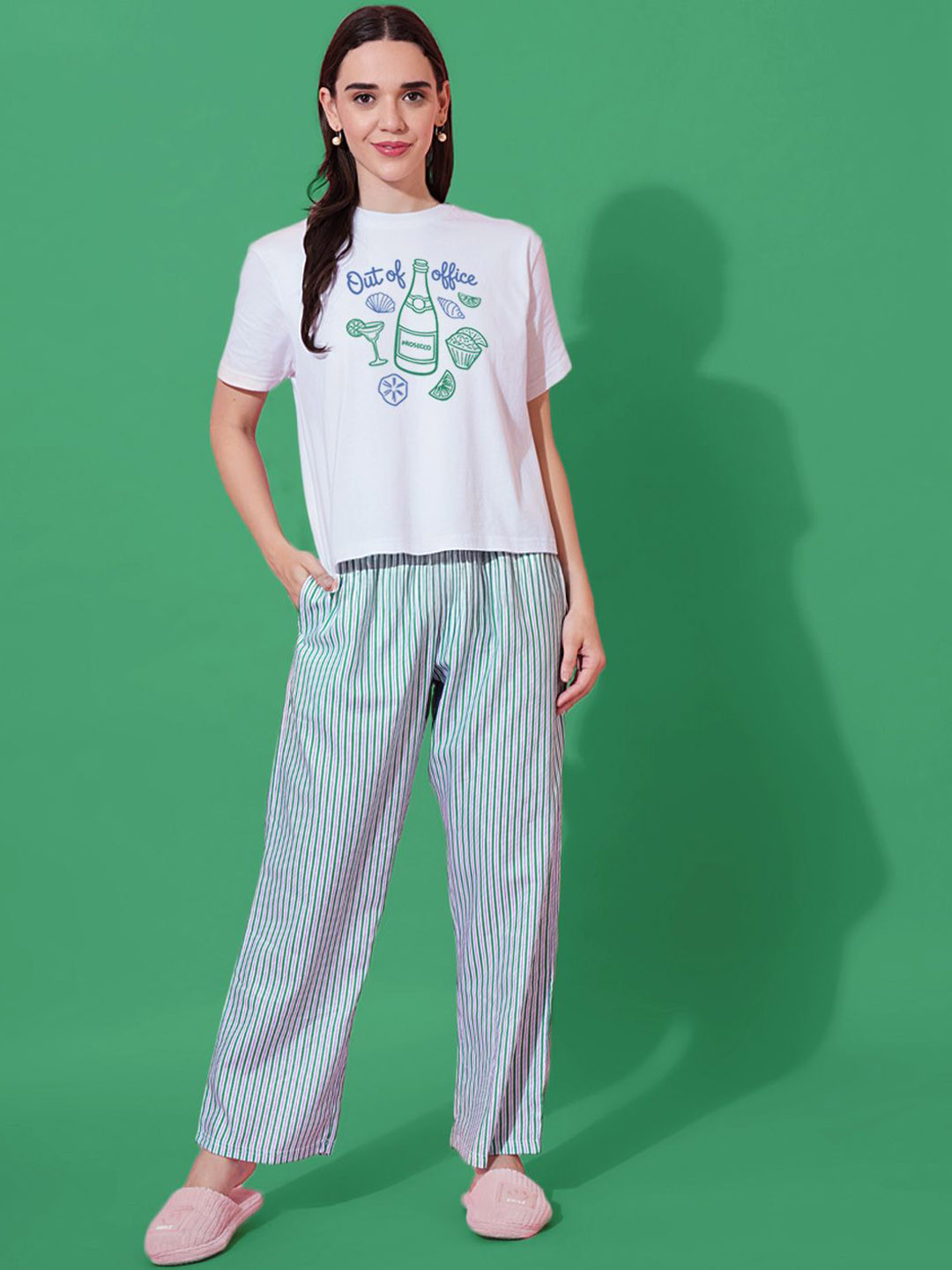 FFLIRTYGO Women Printed T-shirt With Striped Pyjamas Night suits