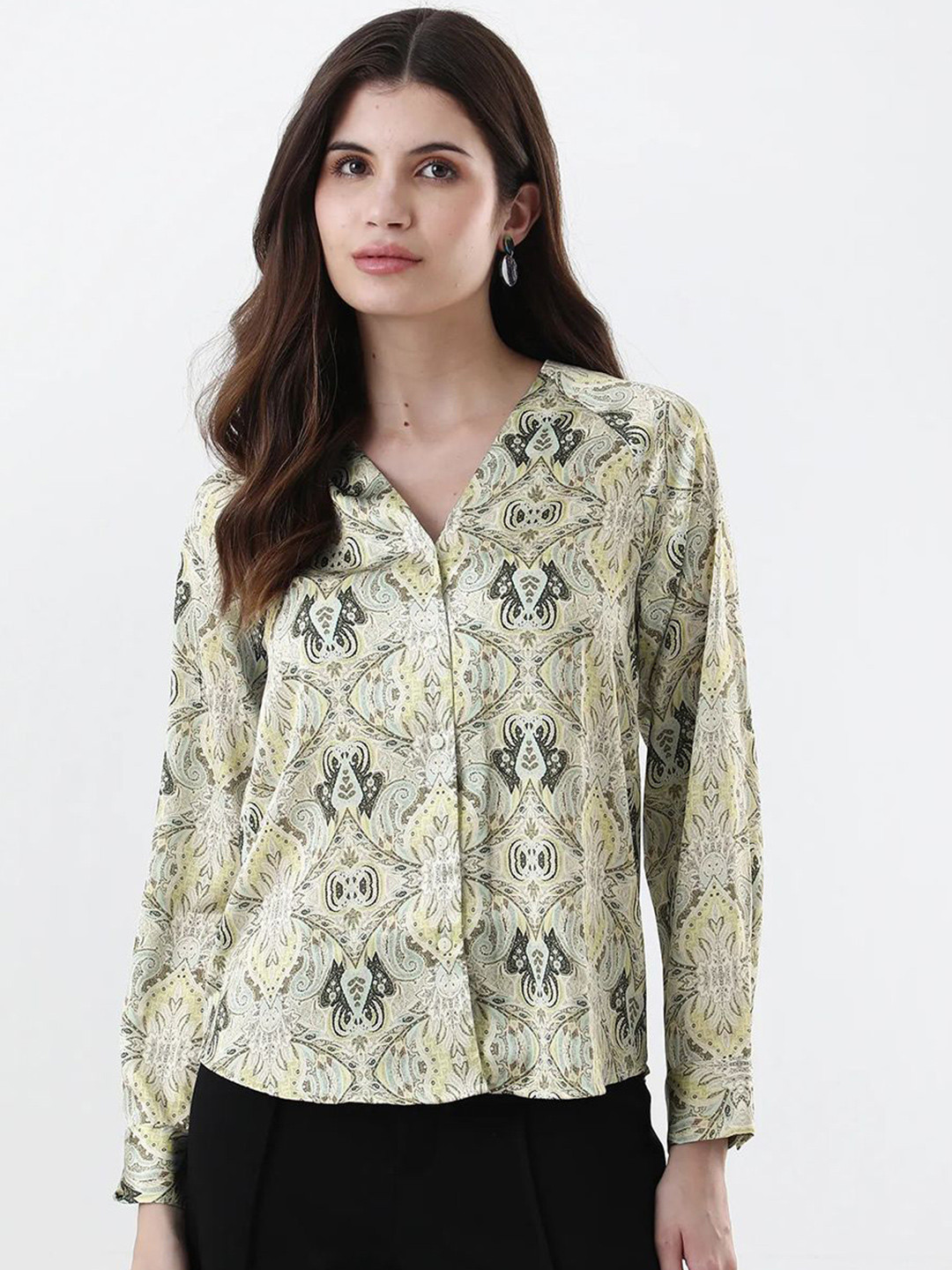 RAREISM Epoll Primary Ethnic Motifs Printed Satin Shirt Style Top
