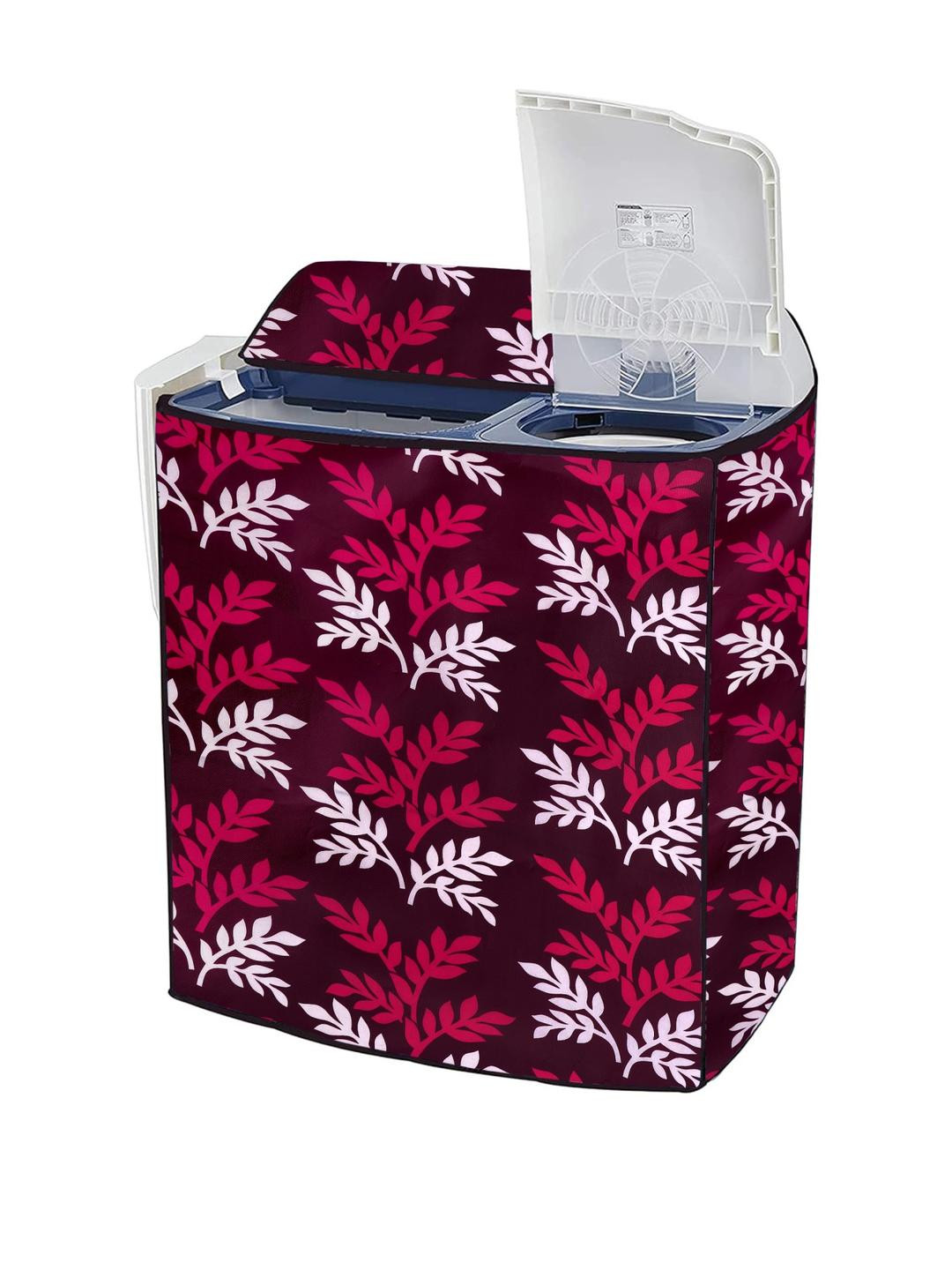 MOGNE FAB Maroon & White Leaf Printed Semi Automatic Washing Machine Cover