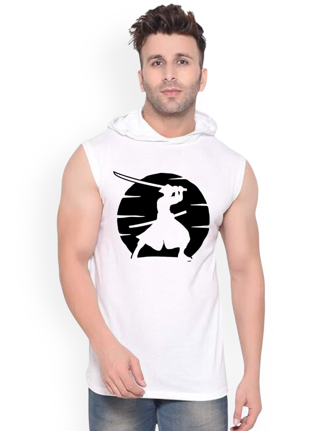 FABSTIEVE Ninja Graphic Printed Sleeveless Hooded Cotton Gym Vest