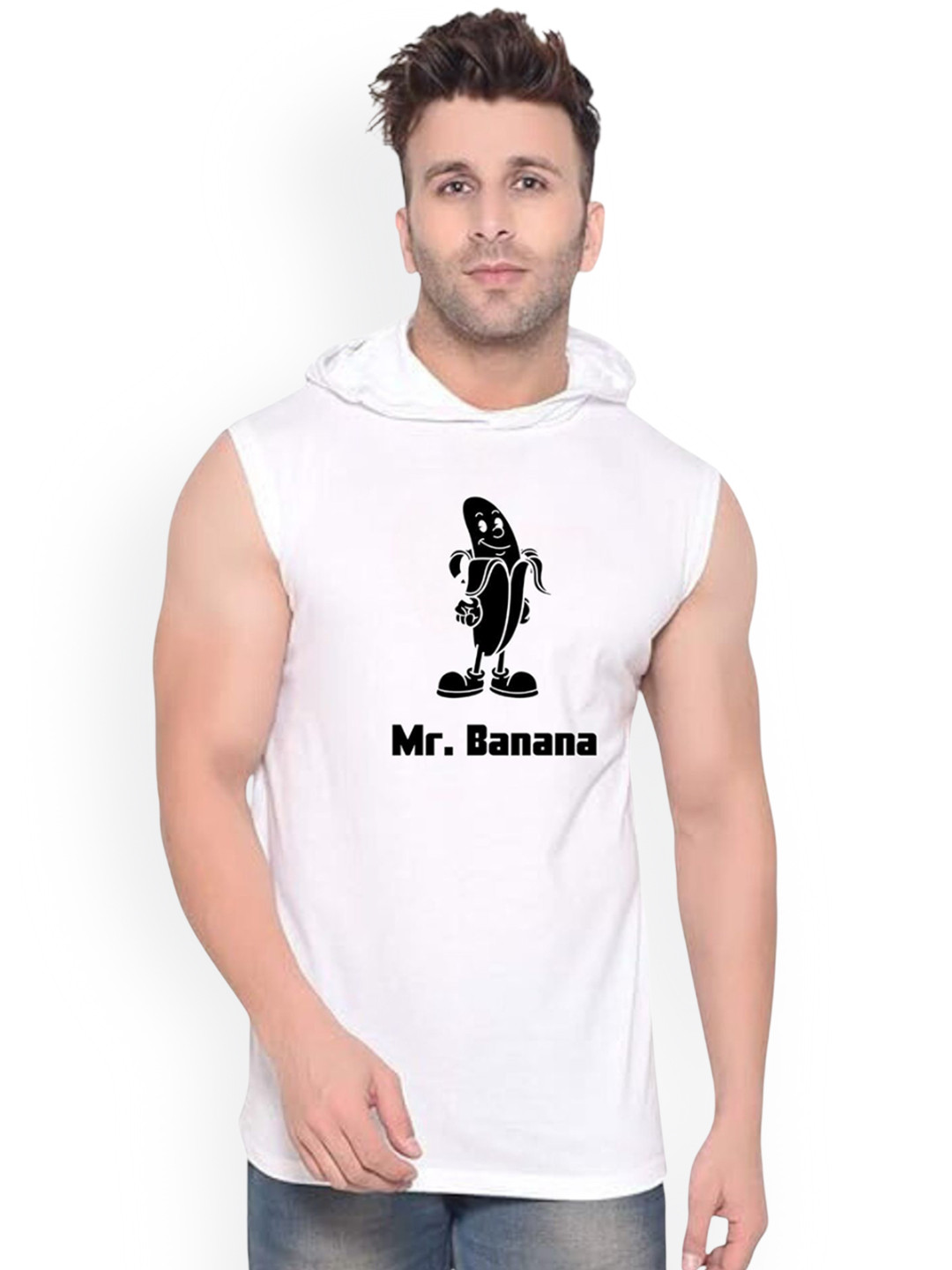 FABSTIEVE Men Banana Printed Hooded Sleeveless Cotton Gym Vests