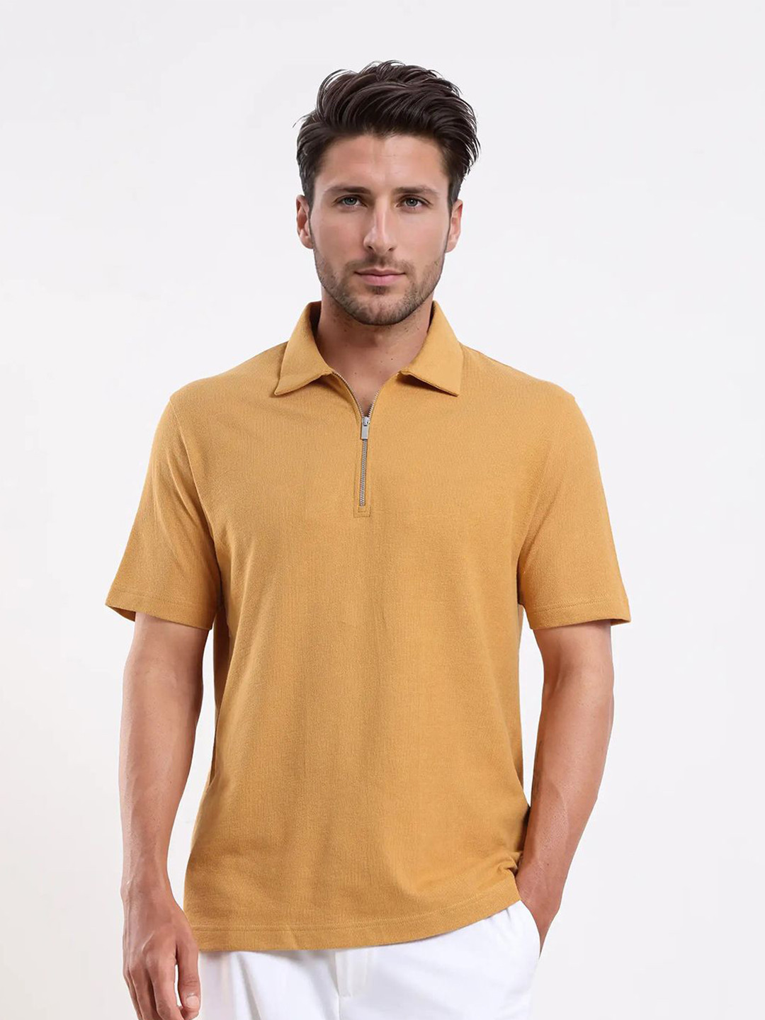 RARE RABBIT Men Plain Spread Collar Half Sleeve Cotton Regular Fit Polo T-Shirt