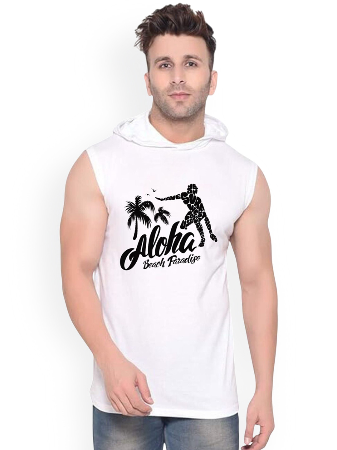 FABSTIEVE Aloha Beach Printed Hooded Sleeveless Cotton Gym Vest