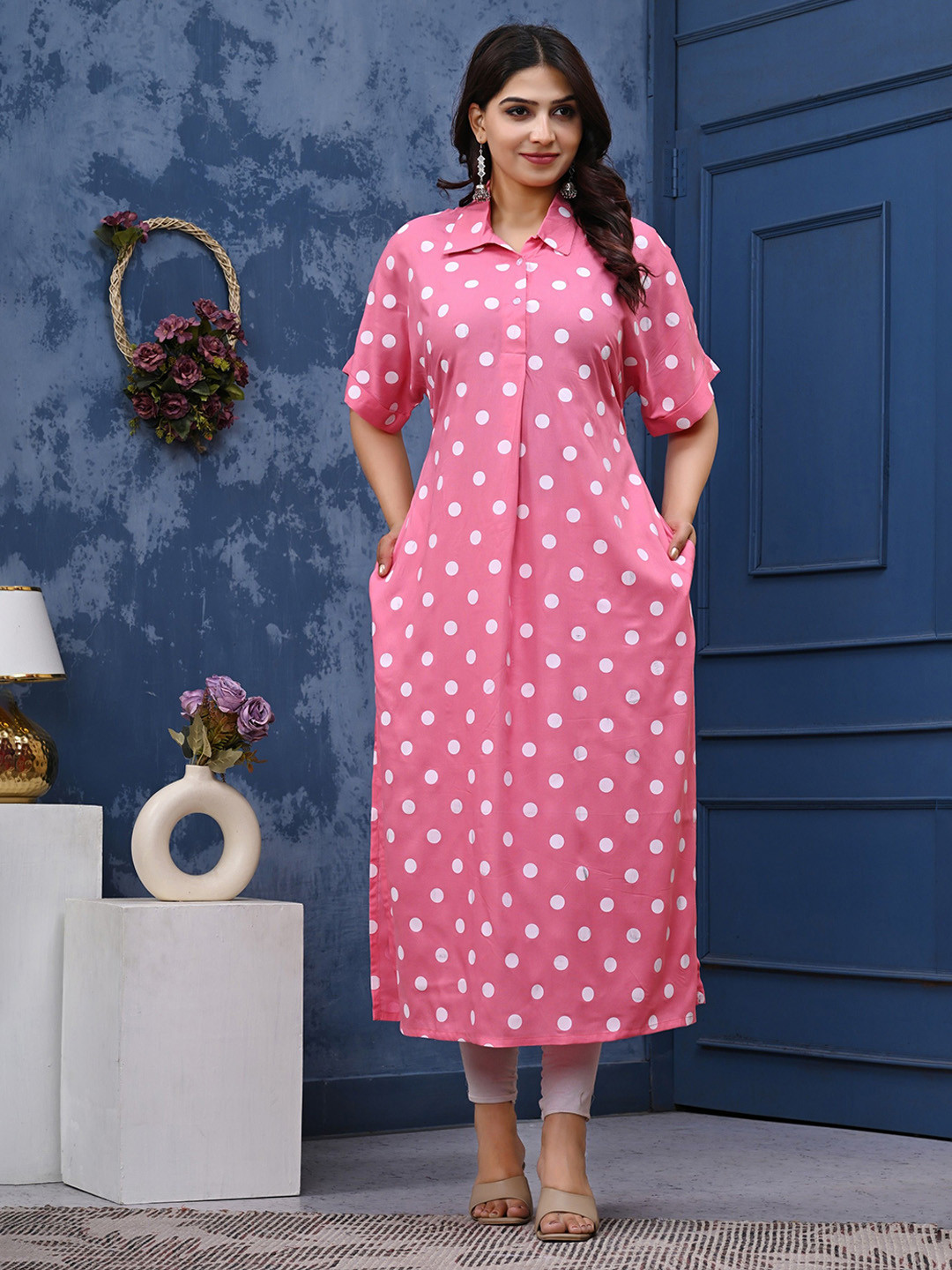 rf clothes Women Polka Dots Pure Cotton Shirt Collar Kurta