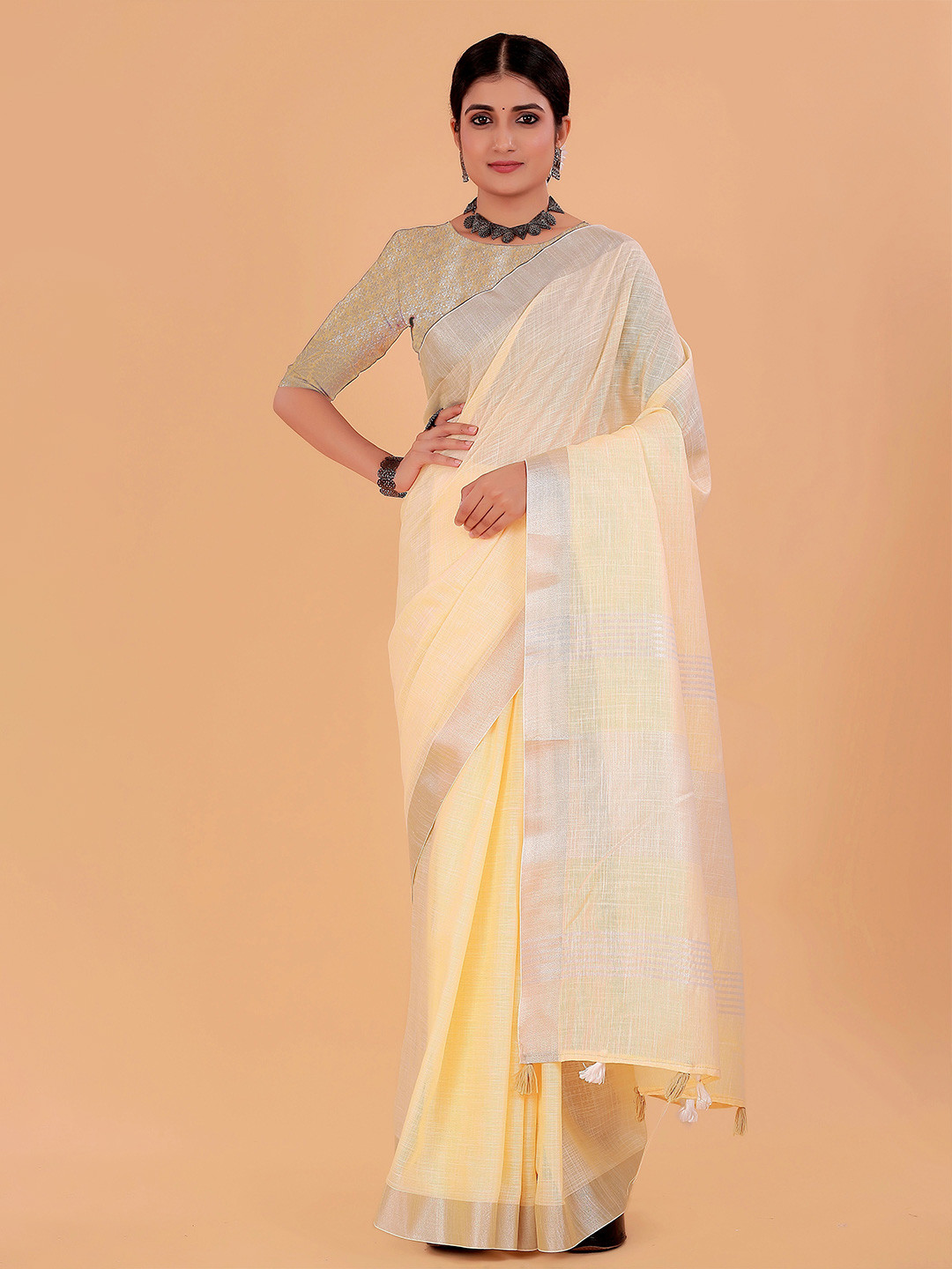 NEGRONI Women Solid Zari Border Pure Linen Pastels Saree