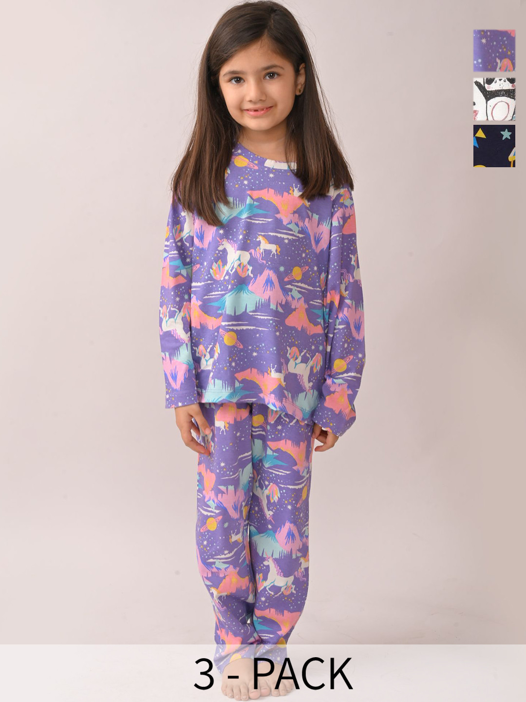 Anthrilo Girls Pack of 3 Abstract Printed Long Sleeve Night suit