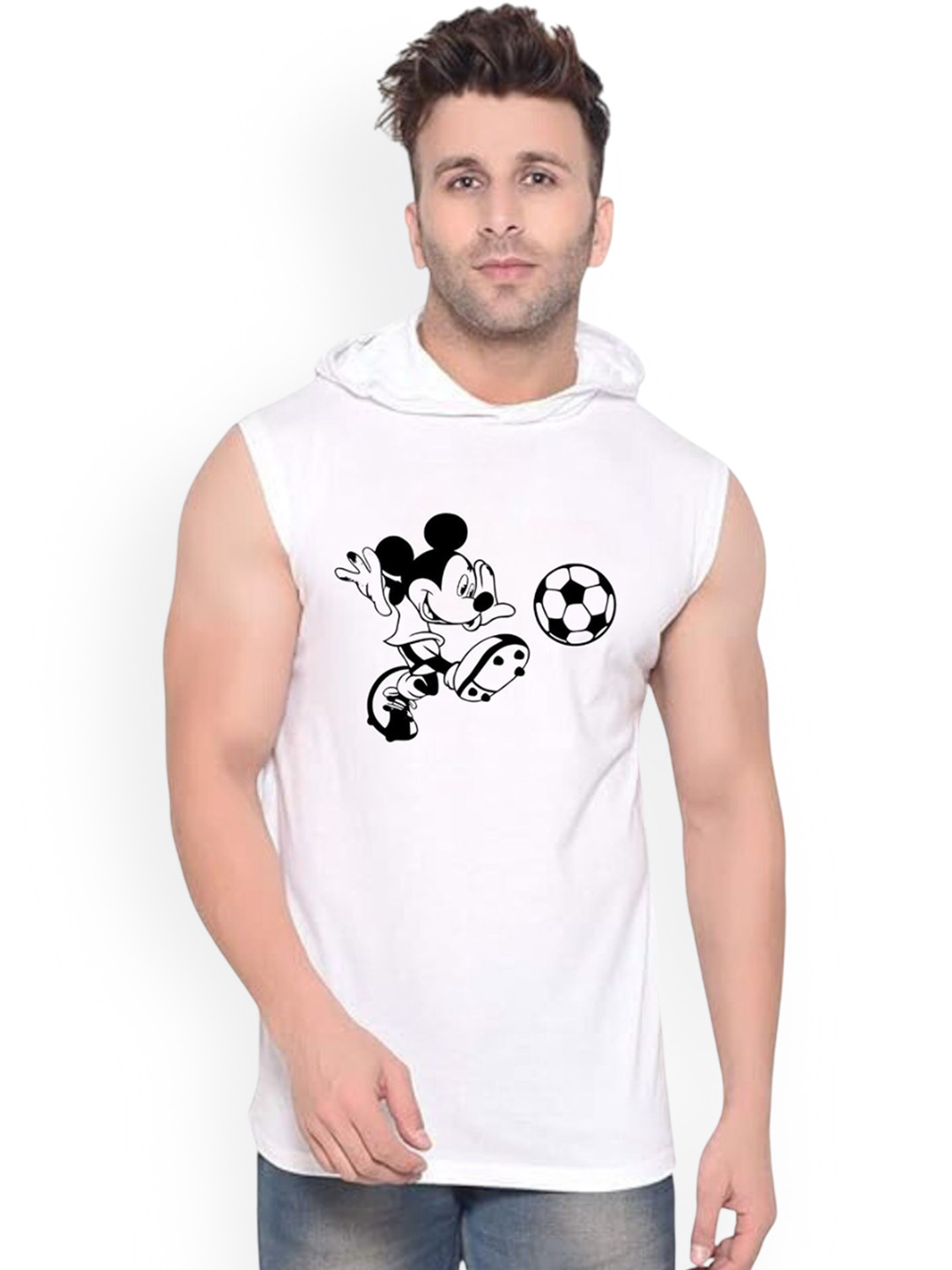 FABSTIEVE Mickey Mouse Printed Sleeveless Hooded Cotton Gym Vest