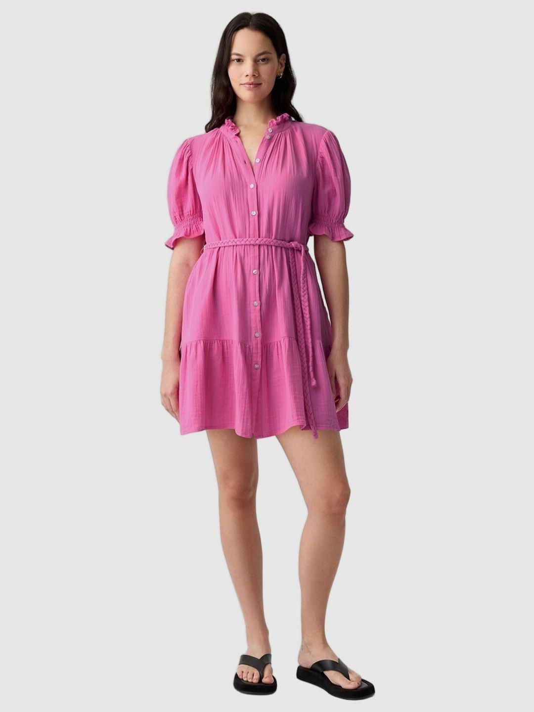 GAP Solid Gauze Mini Belted High Neck Pure Cotton A-Line Dress